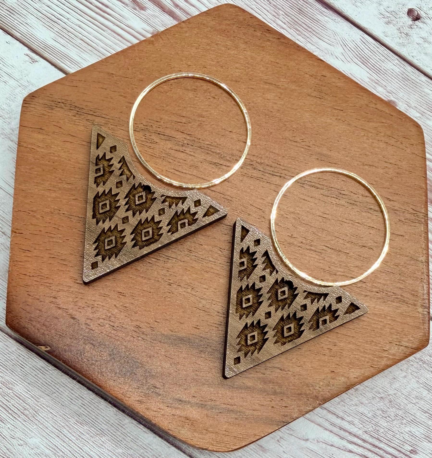 Engraved Aztec Tribal Print Reverse Triangle and Gold Hoop Set Earring Blanks, DIY Jewelry Making