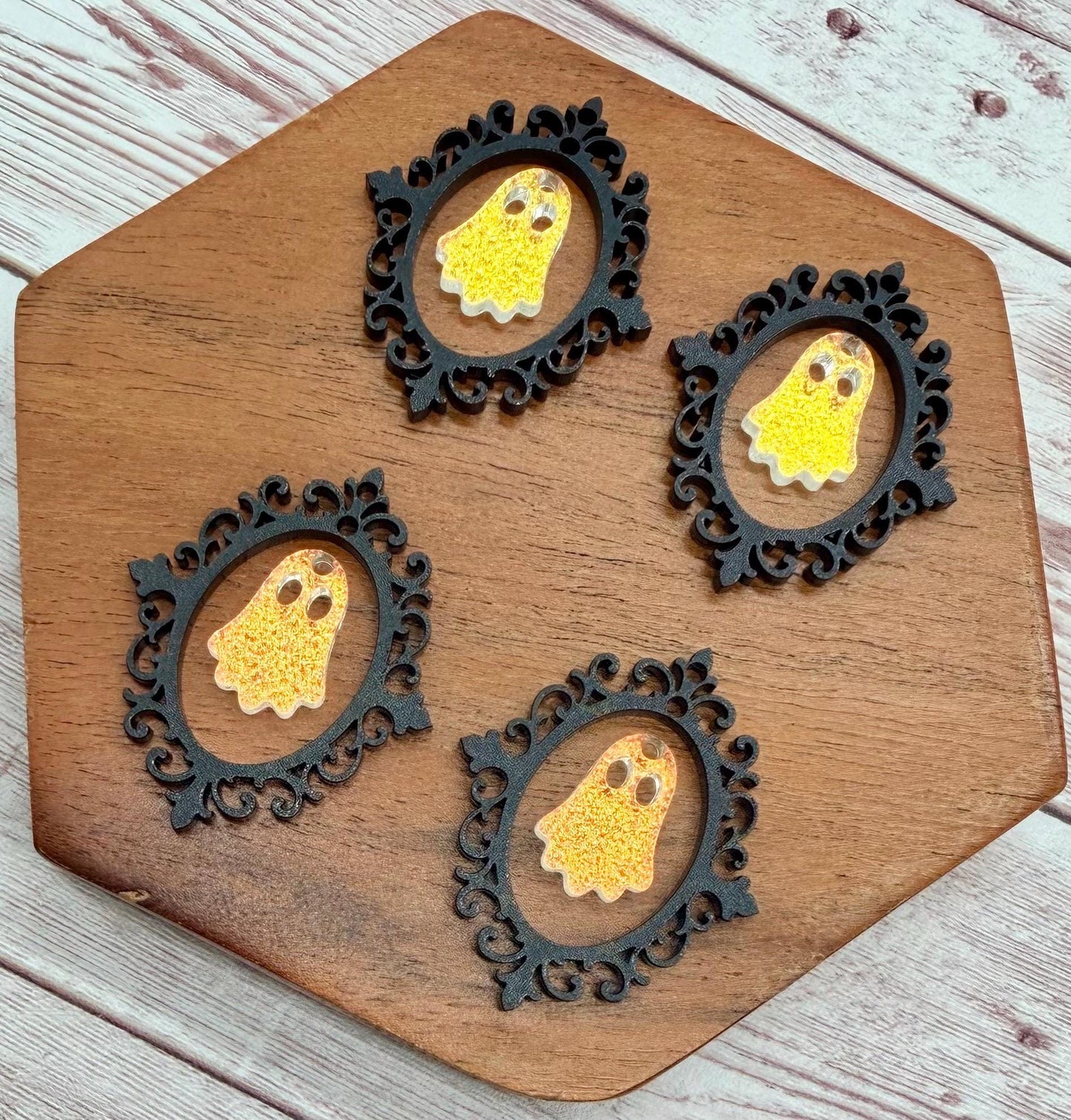 Intricate Vintage Frame and Ghost Black and Textured Iridescent Acrylic Fall Halloween Set Earring Blanks, DIY Jewelry Making