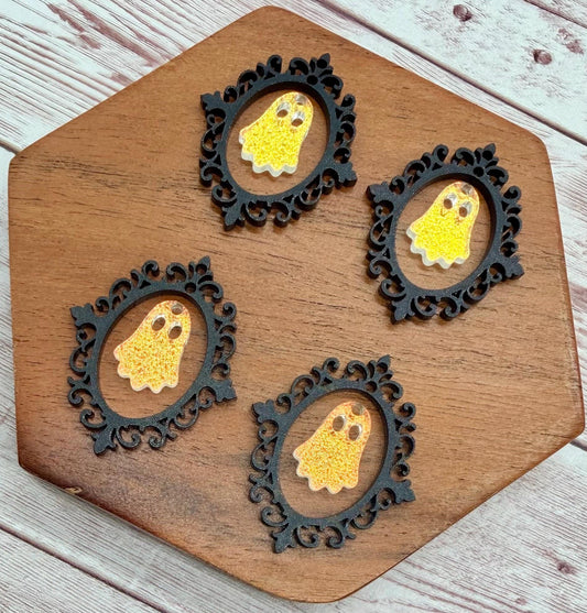 Intricate Vintage Frame and Ghost Black and Textured Iridescent Acrylic Fall Halloween Set Earring Blanks, DIY Jewelry Making