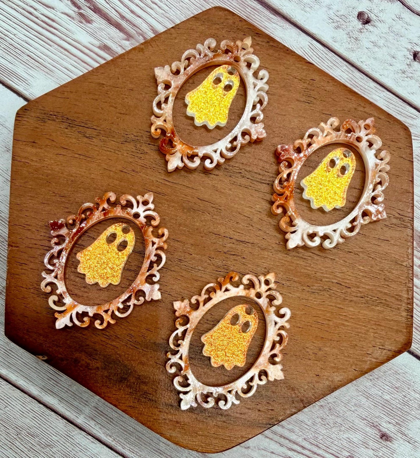 Intricate Vintage Frame and Ghost Orange Glitter Swirl and Textured Iridescent Acrylic Fall Halloween Set Earring Blanks, DIY Jewelry Making
