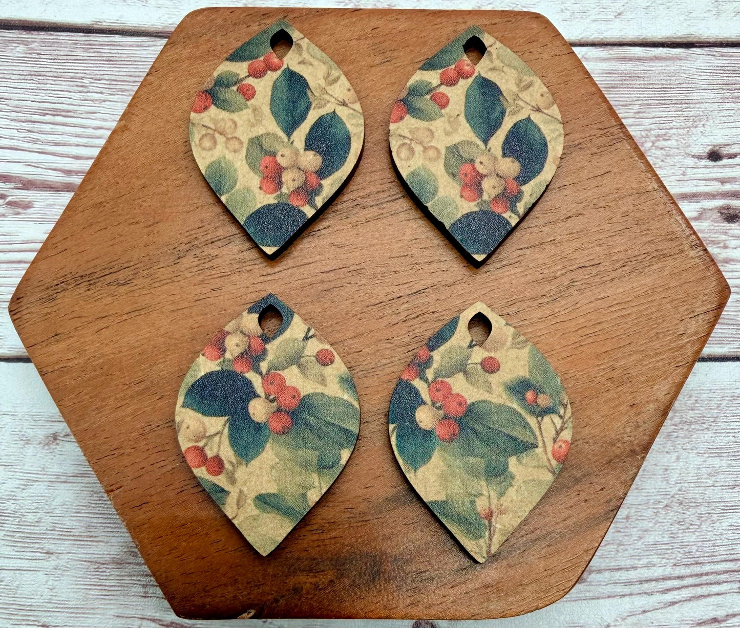 Patterned Winter Leaves and Berry Print Wood Earring Blanks, Christmas, Holiday, DIY Jewelry Making