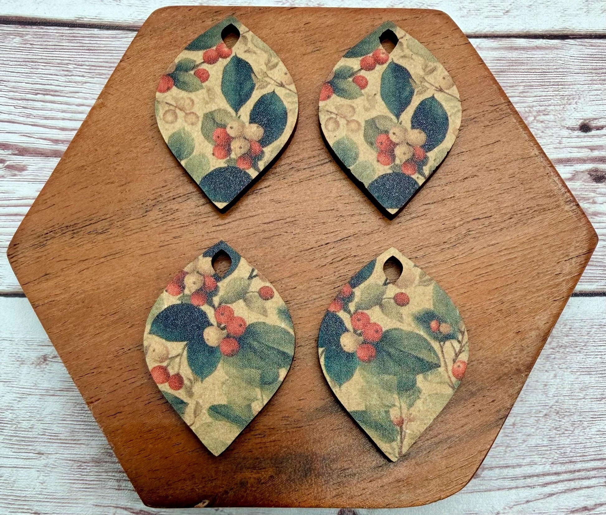 Patterned Winter Leaves and Berry Print Wood Earring Blanks, Christmas, Holiday, DIY Jewelry Making