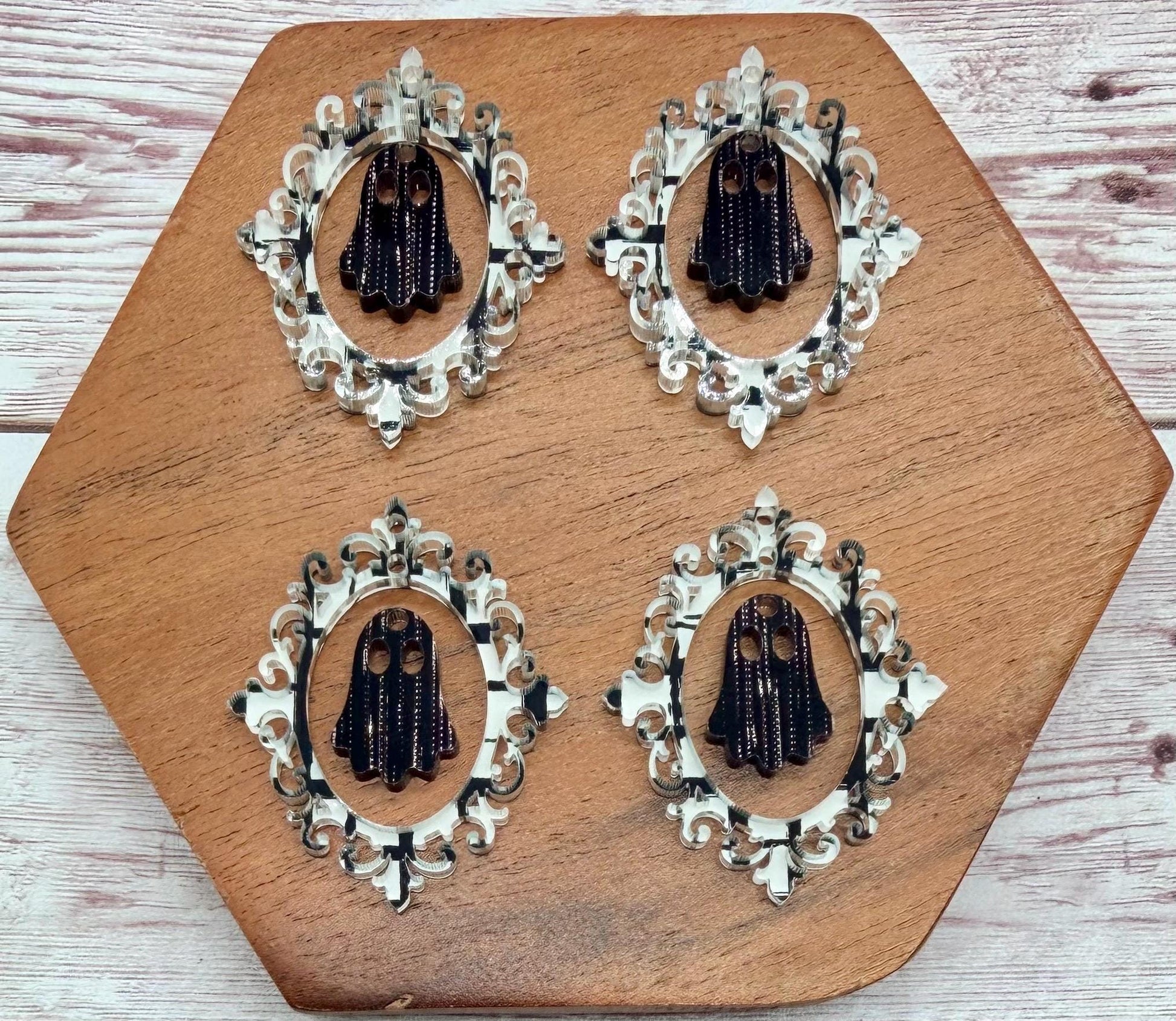 Intricate Black and White Vintage Frame and Ghost Acrylic Fall Halloween Set Earring Blanks, DIY Jewelry Making