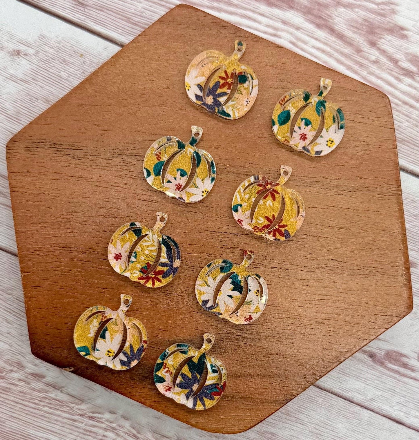 Set of 4 Pair Mustard Floral Print Acrylic Mini Pumpkin Dangle Earring Blanks, Halloween, Fall, DIY Jewelry Making