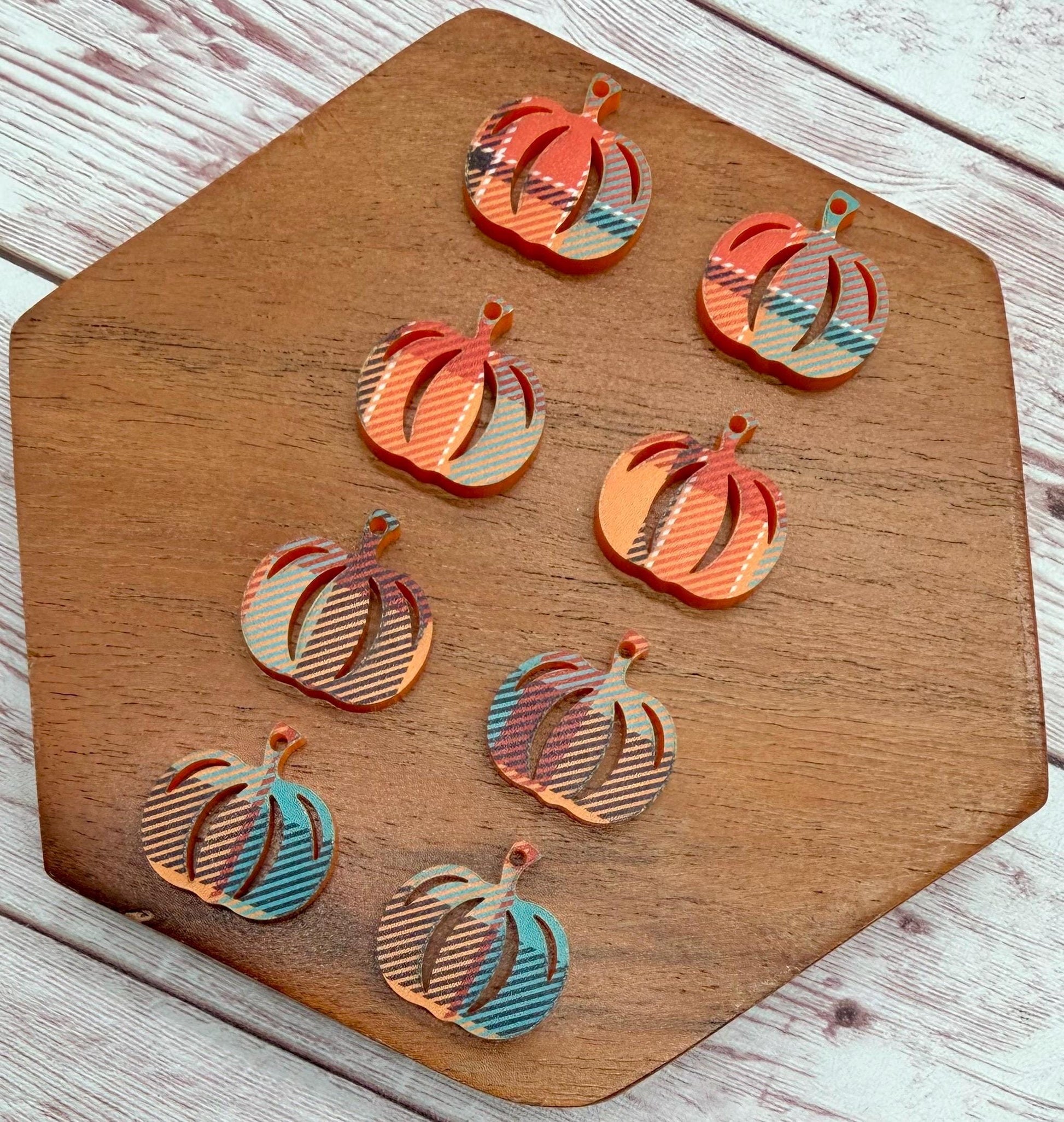 Set of 4 Pair Orange and Blue Plaid Print Acrylic Mini Pumpkin Dangle Earring Blanks, Halloween, Fall, DIY Jewelry Making