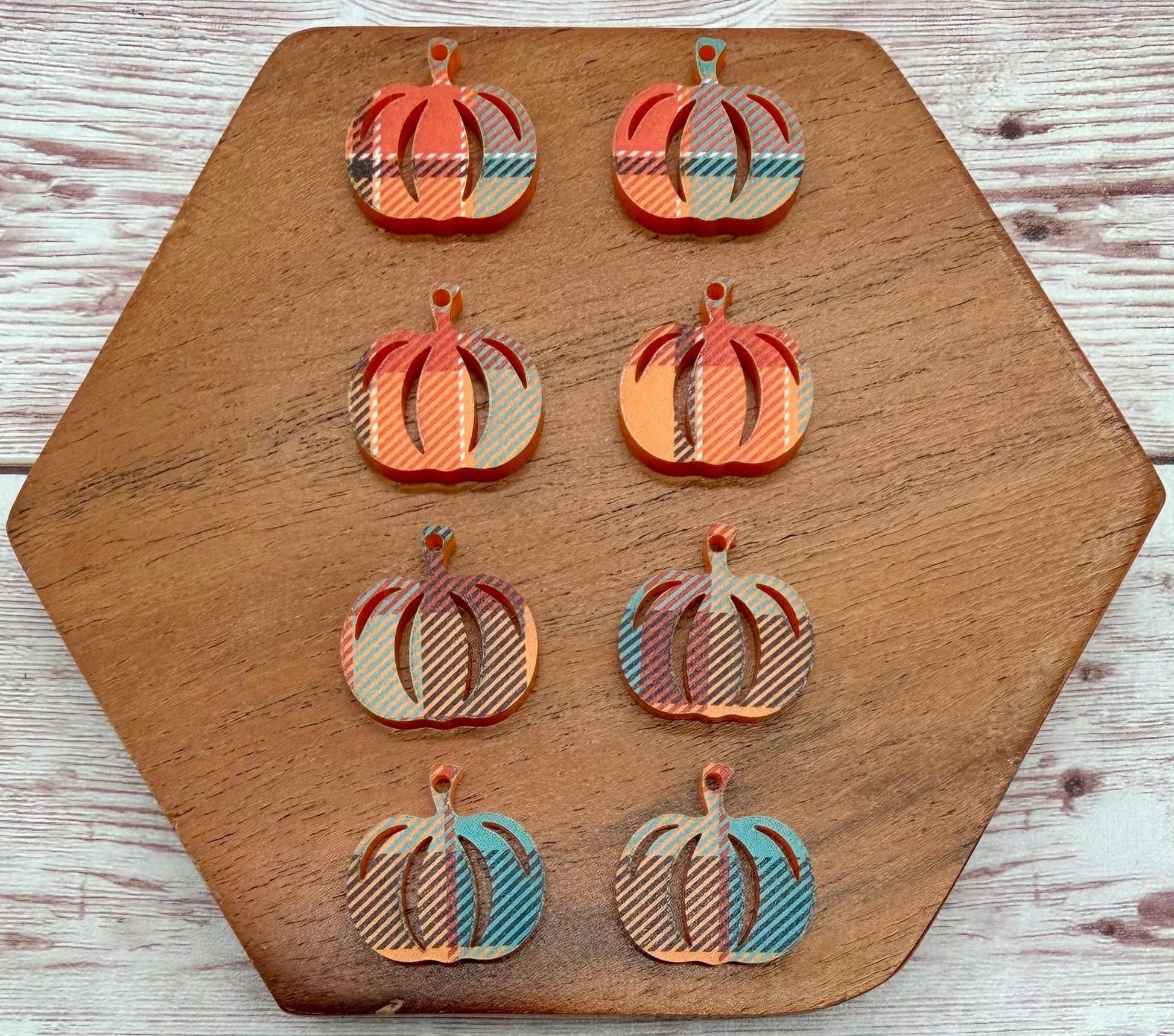 Set of 4 Pair Orange and Blue Plaid Print Acrylic Mini Pumpkin Dangle Earring Blanks, Halloween, Fall, DIY Jewelry Making