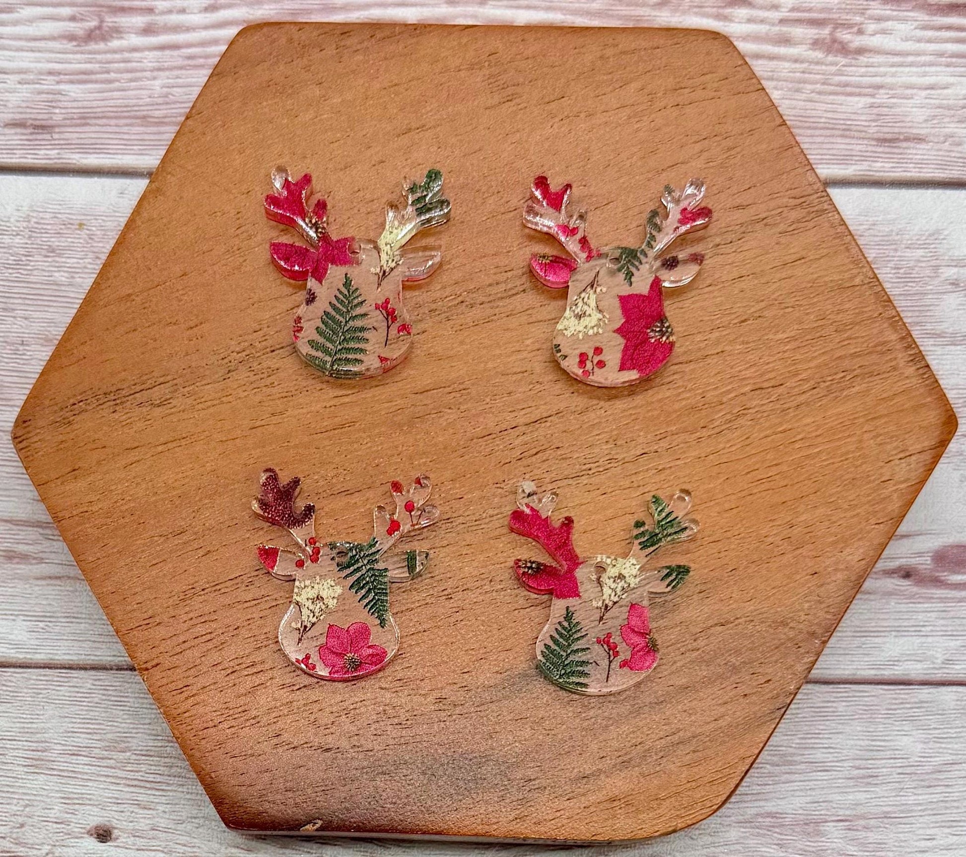 Set of 2 Pair Mini Reindeer Floral Christmas Print Acrylic Earring Blanks, Christmas, Winter, DIY Jewelry Making