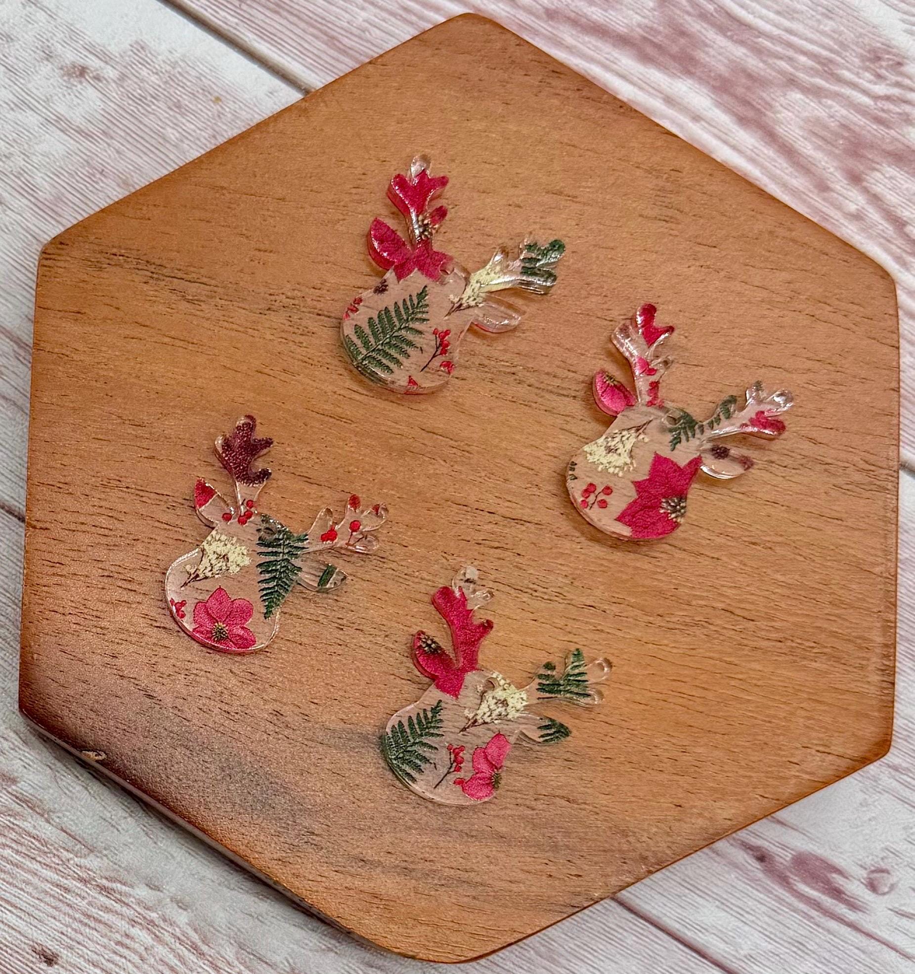 Set of 2 Pair Mini Reindeer Floral Christmas Print Acrylic Earring Blanks, Christmas, Winter, DIY Jewelry Making