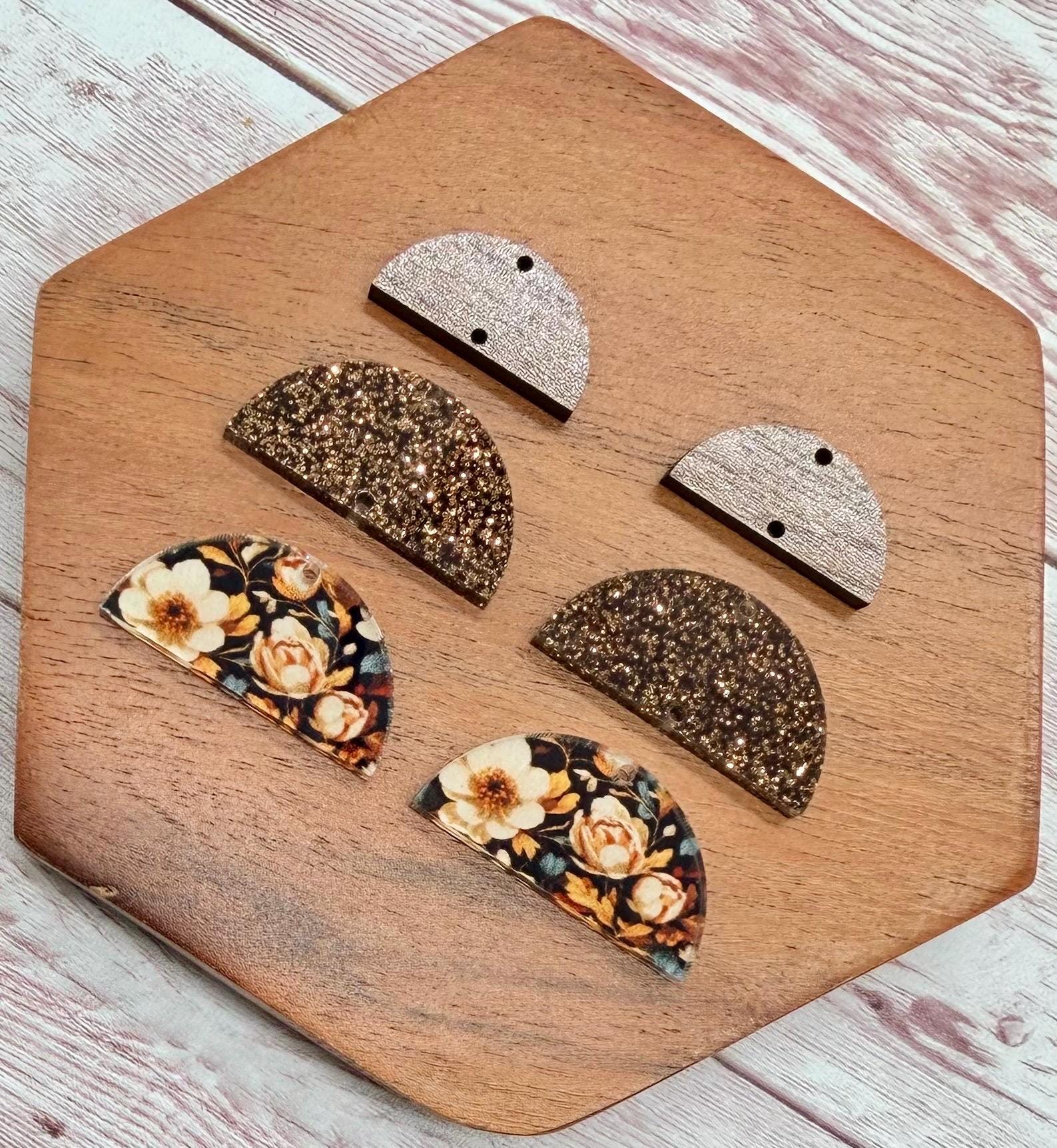 Fall Brown Floral Print Acrylic and Walnut Trio Earring Blanks, DIY Jewelry Making