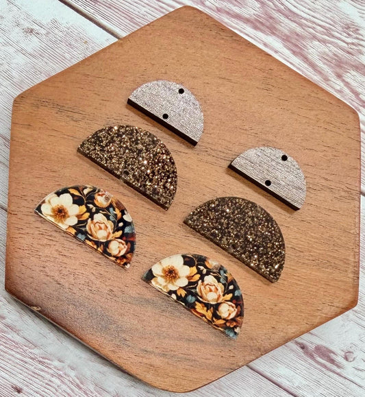 Fall Brown Floral Print Acrylic and Walnut Trio Earring Blanks, DIY Jewelry Making