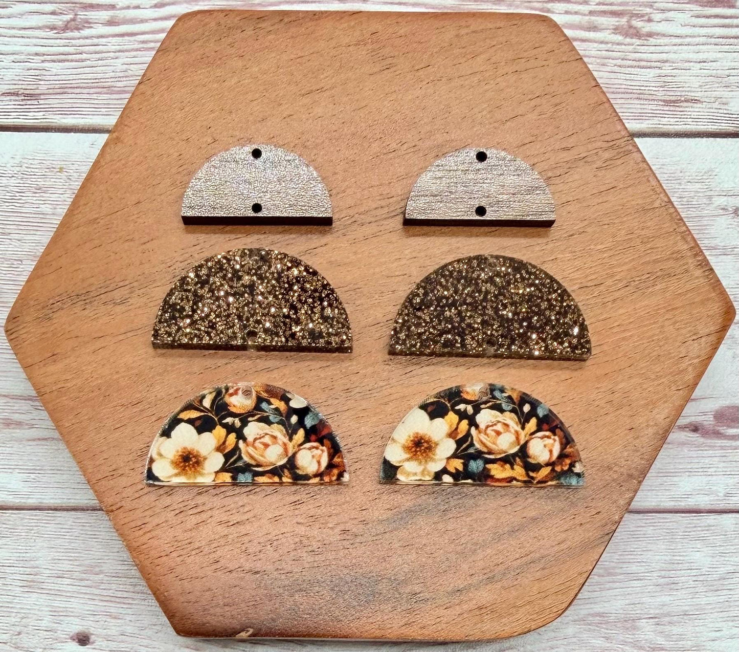 Fall Brown Floral Print Acrylic and Walnut Trio Earring Blanks, DIY Jewelry Making