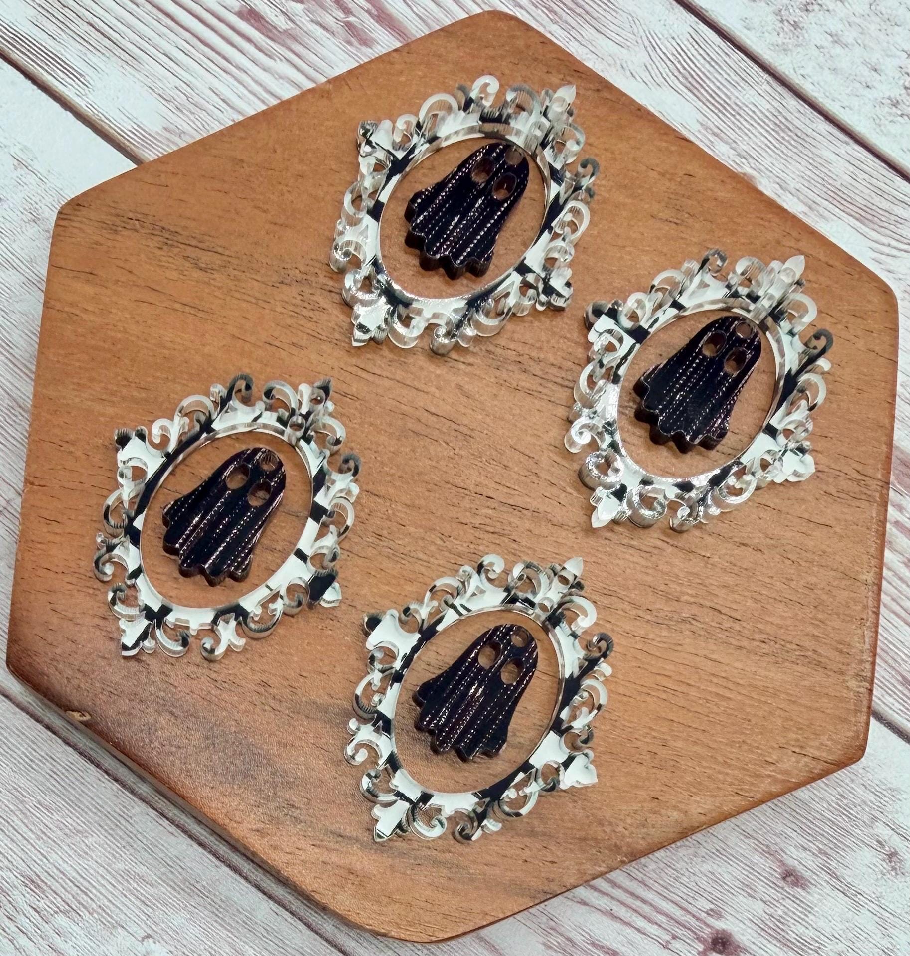Intricate Black and White Vintage Frame and Ghost Acrylic Fall Halloween Set Earring Blanks, DIY Jewelry Making