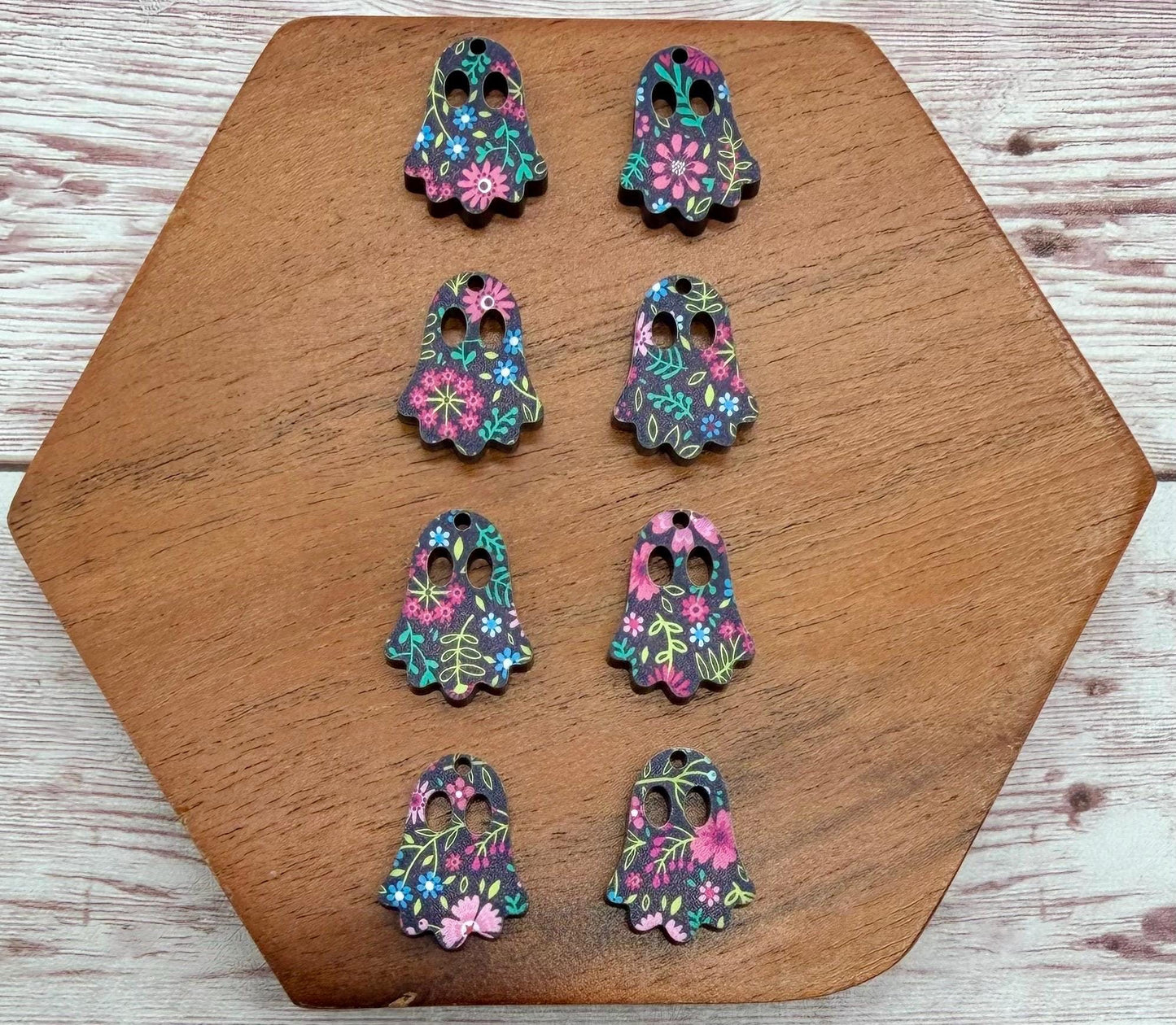 Set of 4 Pair Black Floral Print Acrylic Mini Ghost Dangle Earring Blanks, Halloween, Fall, DIY Jewelry Making