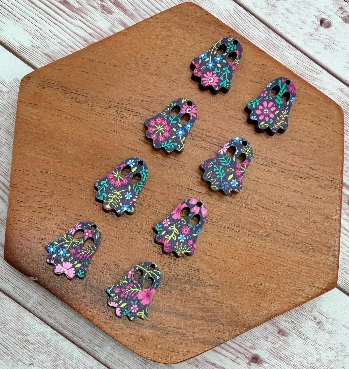 Set of 4 Pair Black Floral Print Acrylic Mini Ghost Dangle Earring Blanks, Halloween, Fall, DIY Jewelry Making