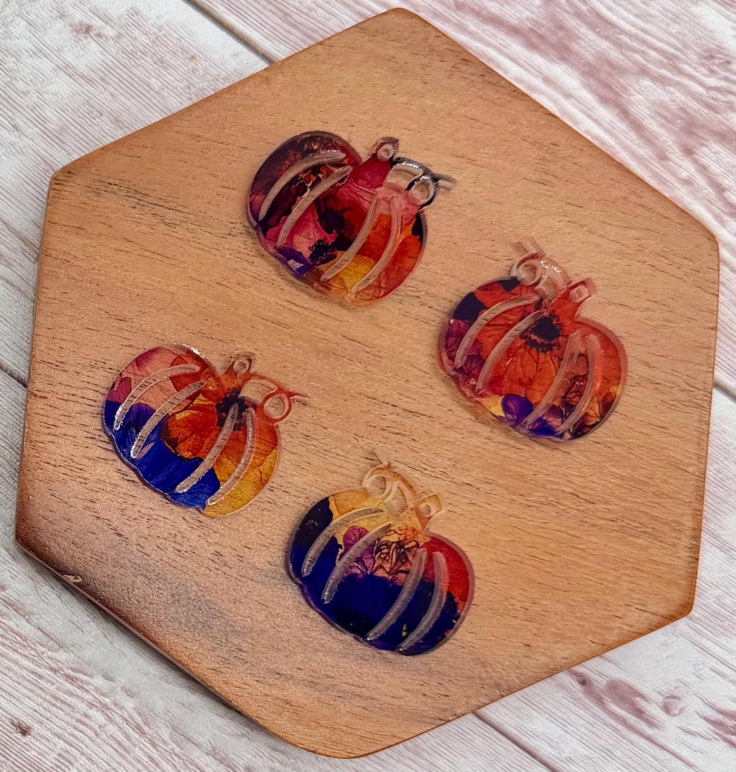 Set of 2 Pair Pumpkin Fall Bright Water Color Floral Print Acrylic Fall Earring Blanks DIY Jewelry Making
