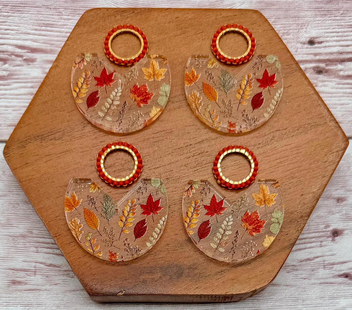 Fall Leaf Print Acrylic and Japanese Seed Bead Open Circle Connector Set Earring Blanks, DIY Jewelry Making