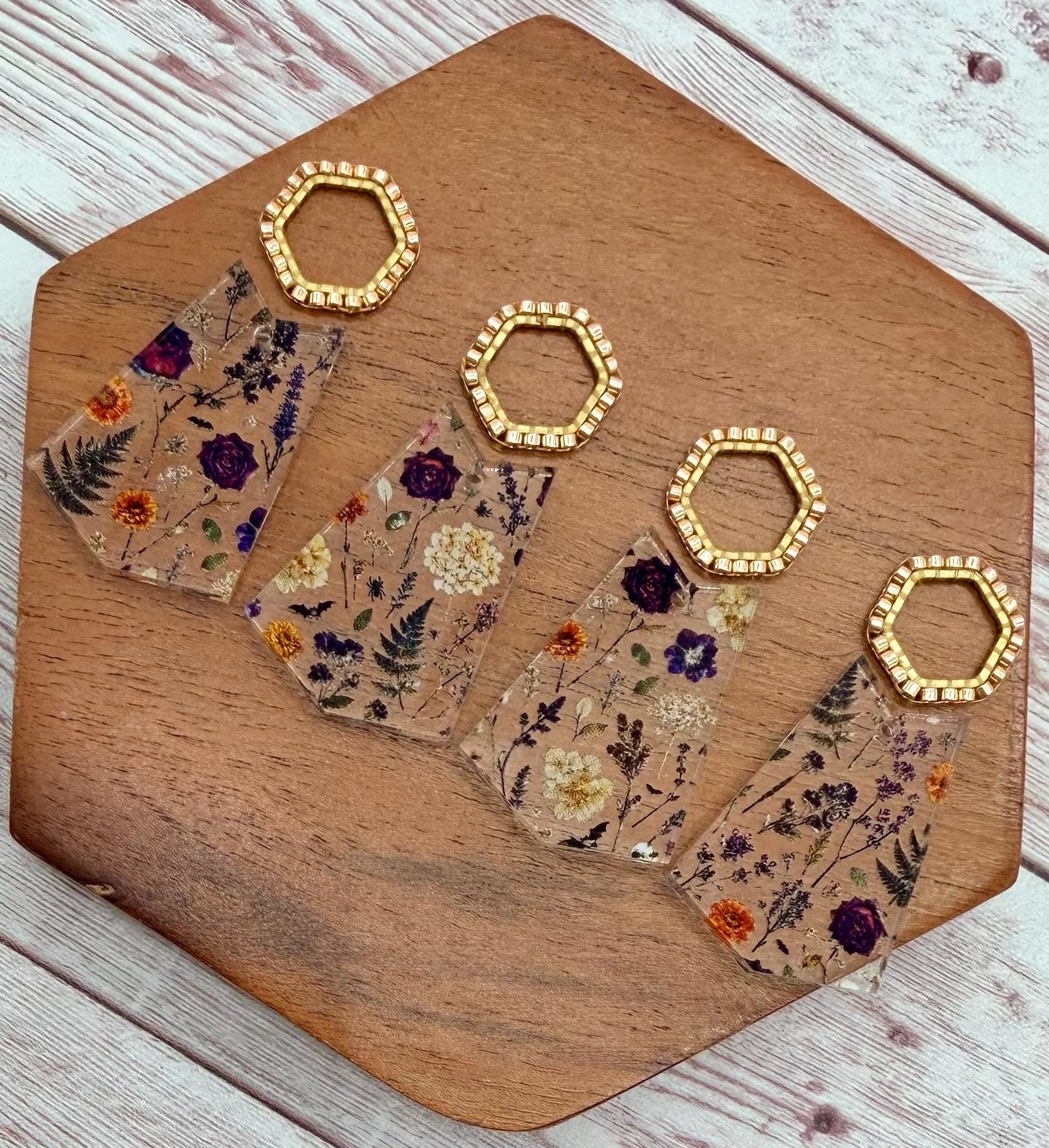Fall Foliage Print Acrylic and Japanese Seed Bead Open Hexagon Connector Set Earring Blanks, DIY Jewelry Making