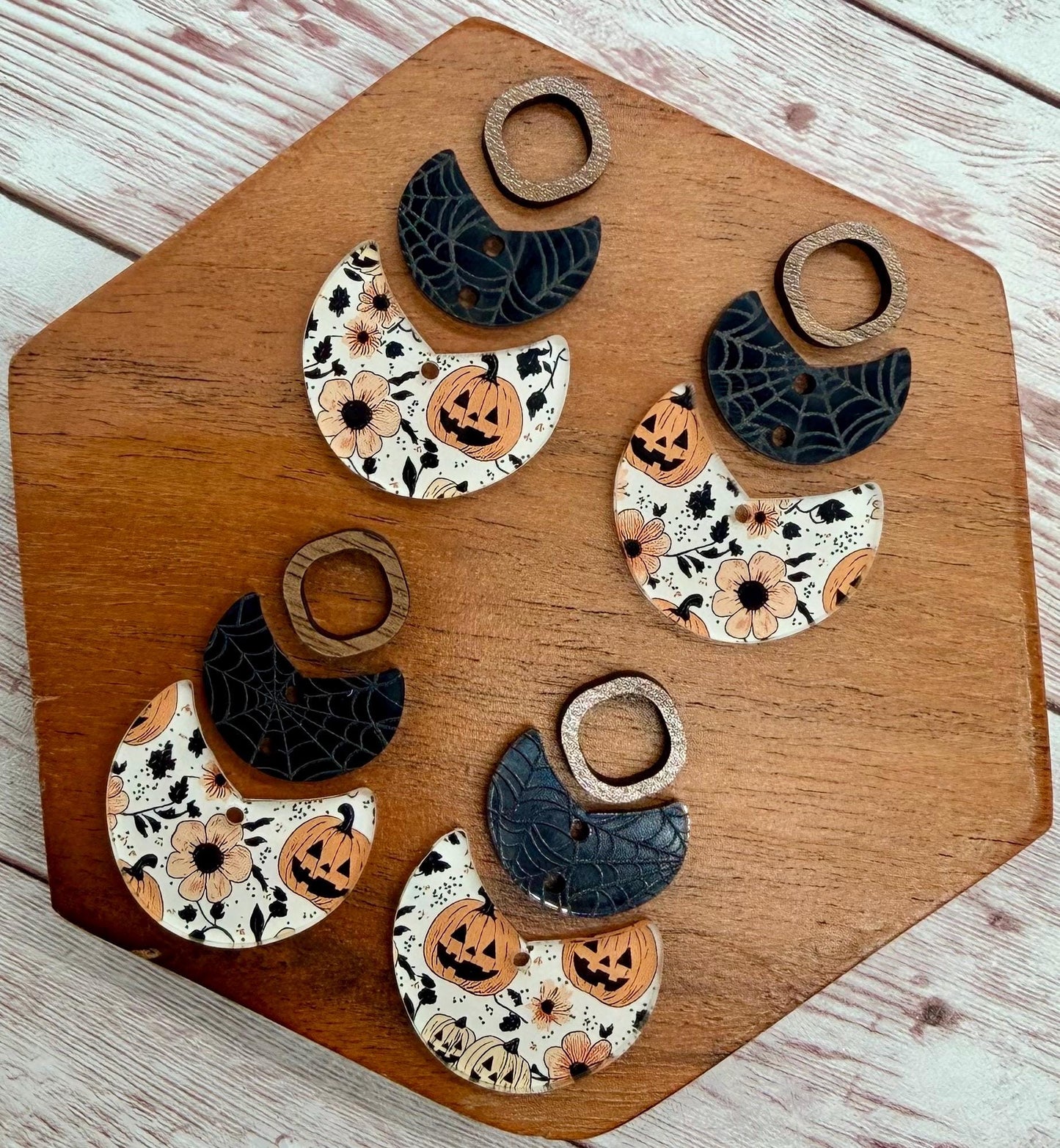 Halloween Fall Pumpkin Print Acrylic and Wood Connector Trio Earring Blanks, DIY Jewelry Making