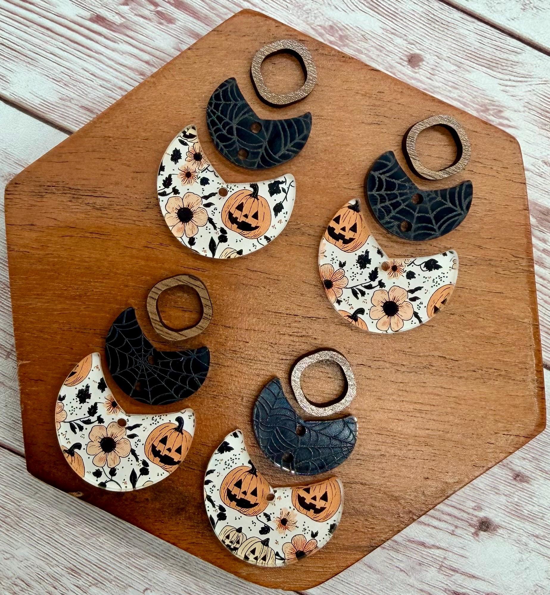 Halloween Fall Pumpkin Print Acrylic and Wood Connector Trio Earring Blanks, DIY Jewelry Making