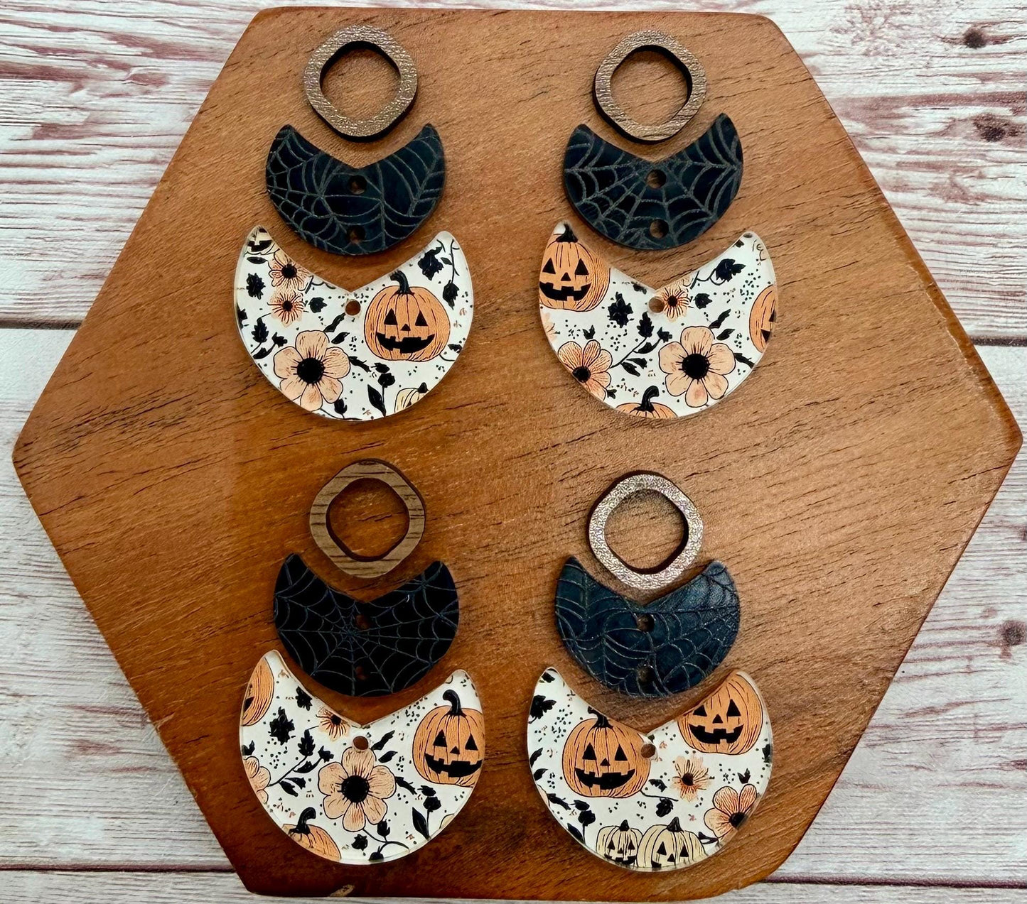 Halloween Fall Pumpkin Print Acrylic and Wood Connector Trio Earring Blanks, DIY Jewelry Making