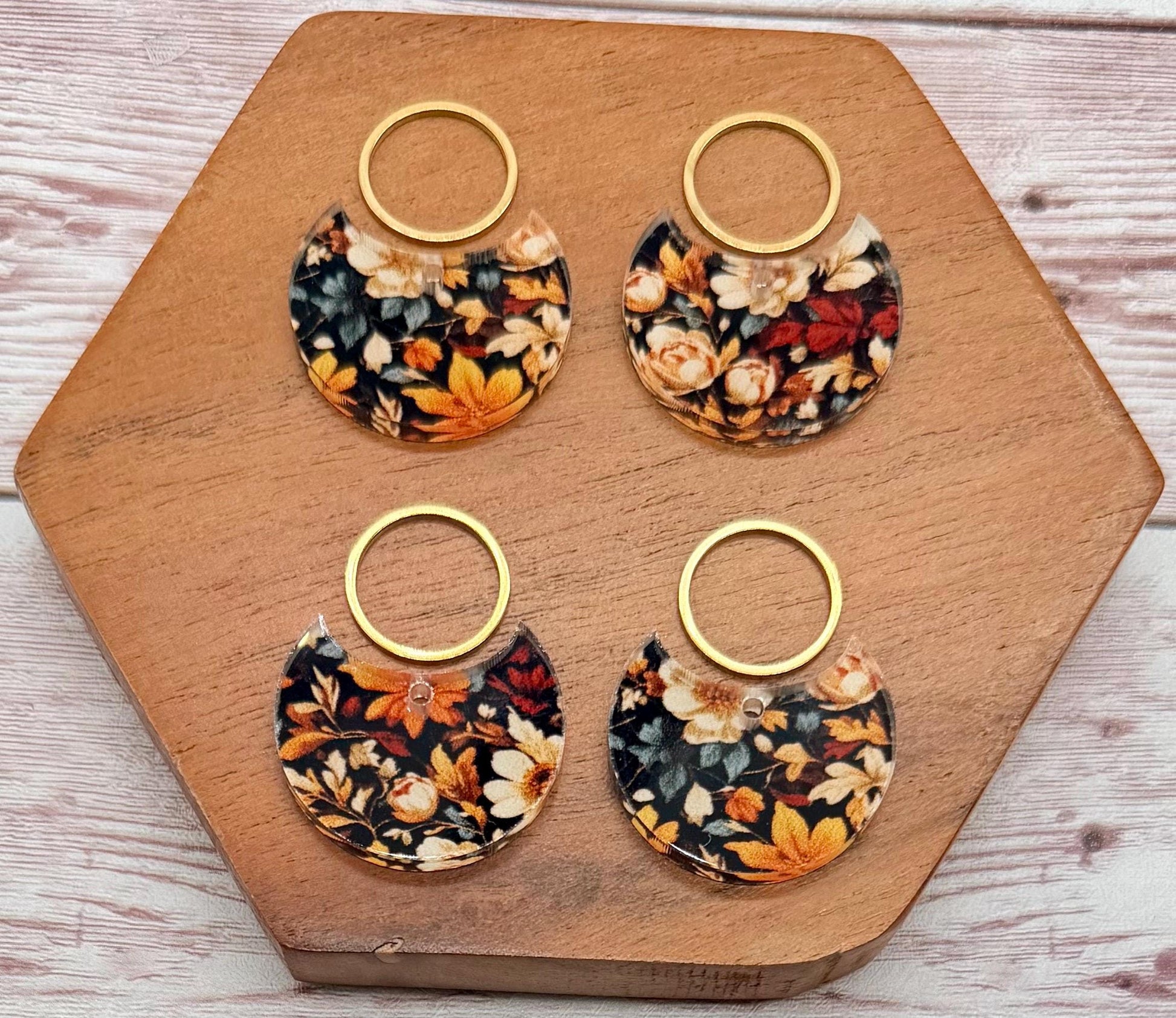 Patterned Fall Floral Print Acrylic and Gold Circle Set Earring Blanks, DIY Jewelry Making