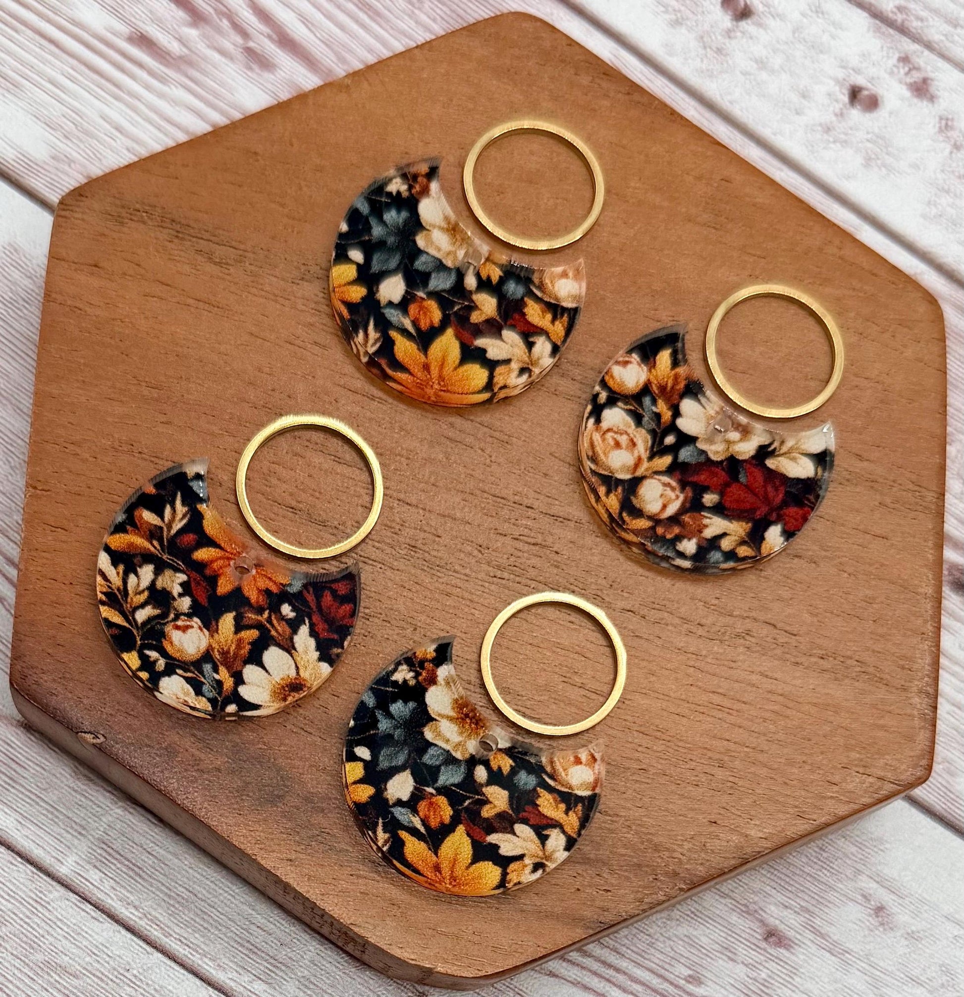 Patterned Fall Floral Print Acrylic and Gold Circle Set Earring Blanks, DIY Jewelry Making