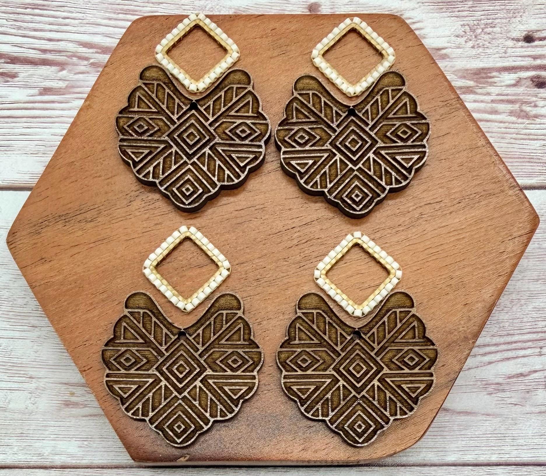 Engraved Walnut Geometric Print and Japanese Seed Bead Connector Set Earring Blanks, DIY Jewelry Making