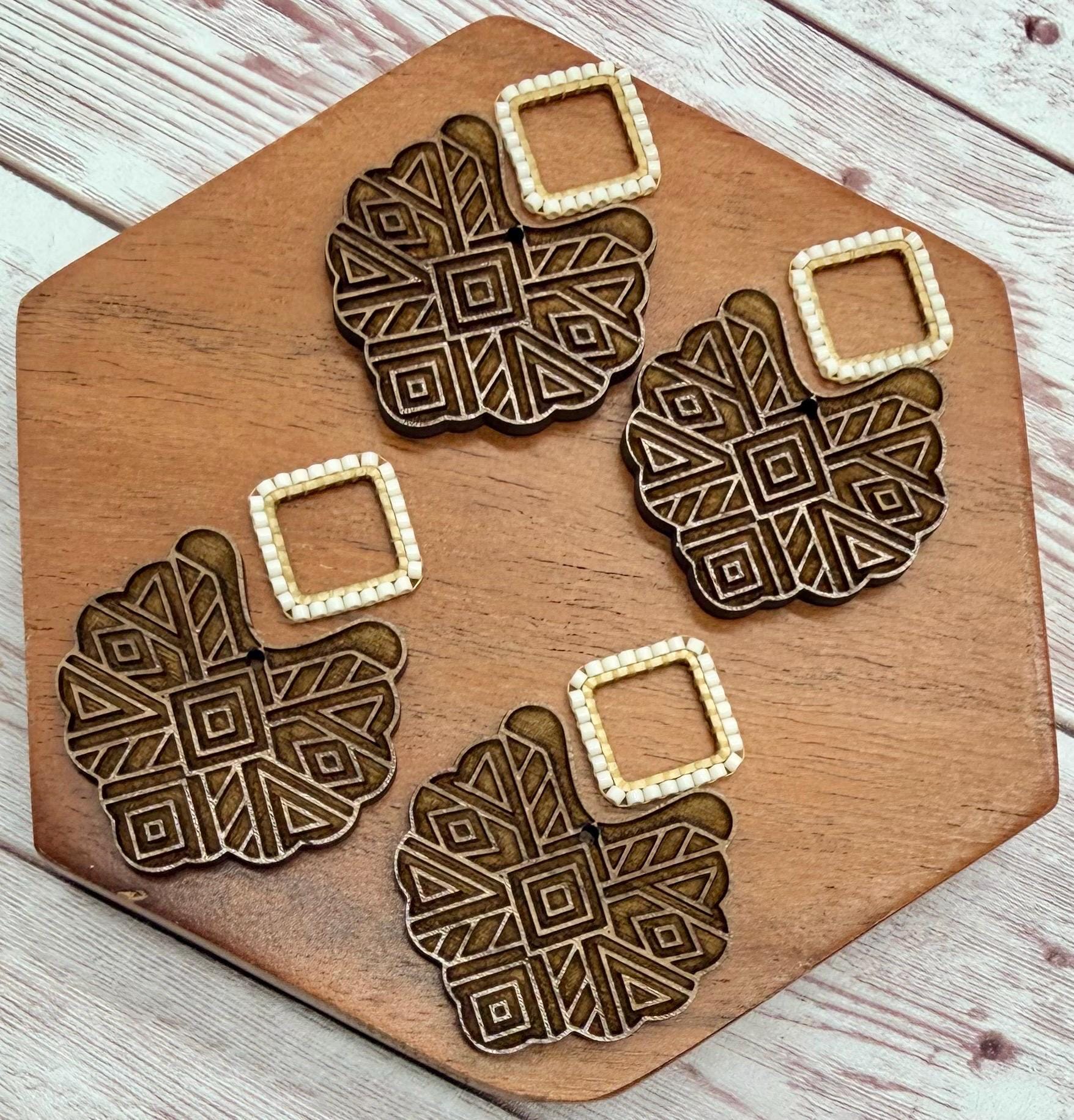Engraved Walnut Geometric Print and Japanese Seed Bead Connector Set Earring Blanks, DIY Jewelry Making