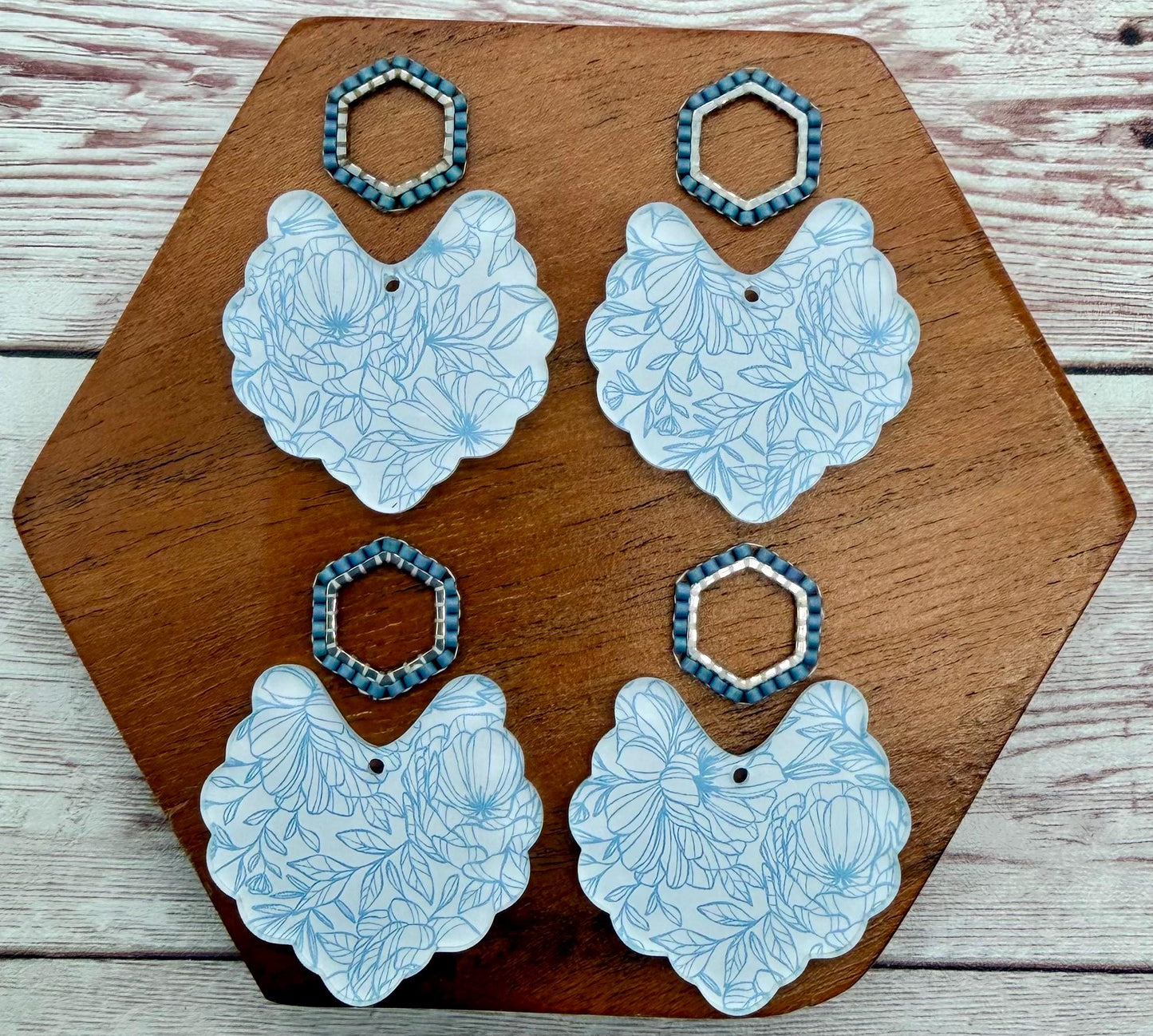 Blue and White Floral Print Acrylic and Japanese Seed Bead Connector Set Earring Blanks, DIY Jewelry Making
