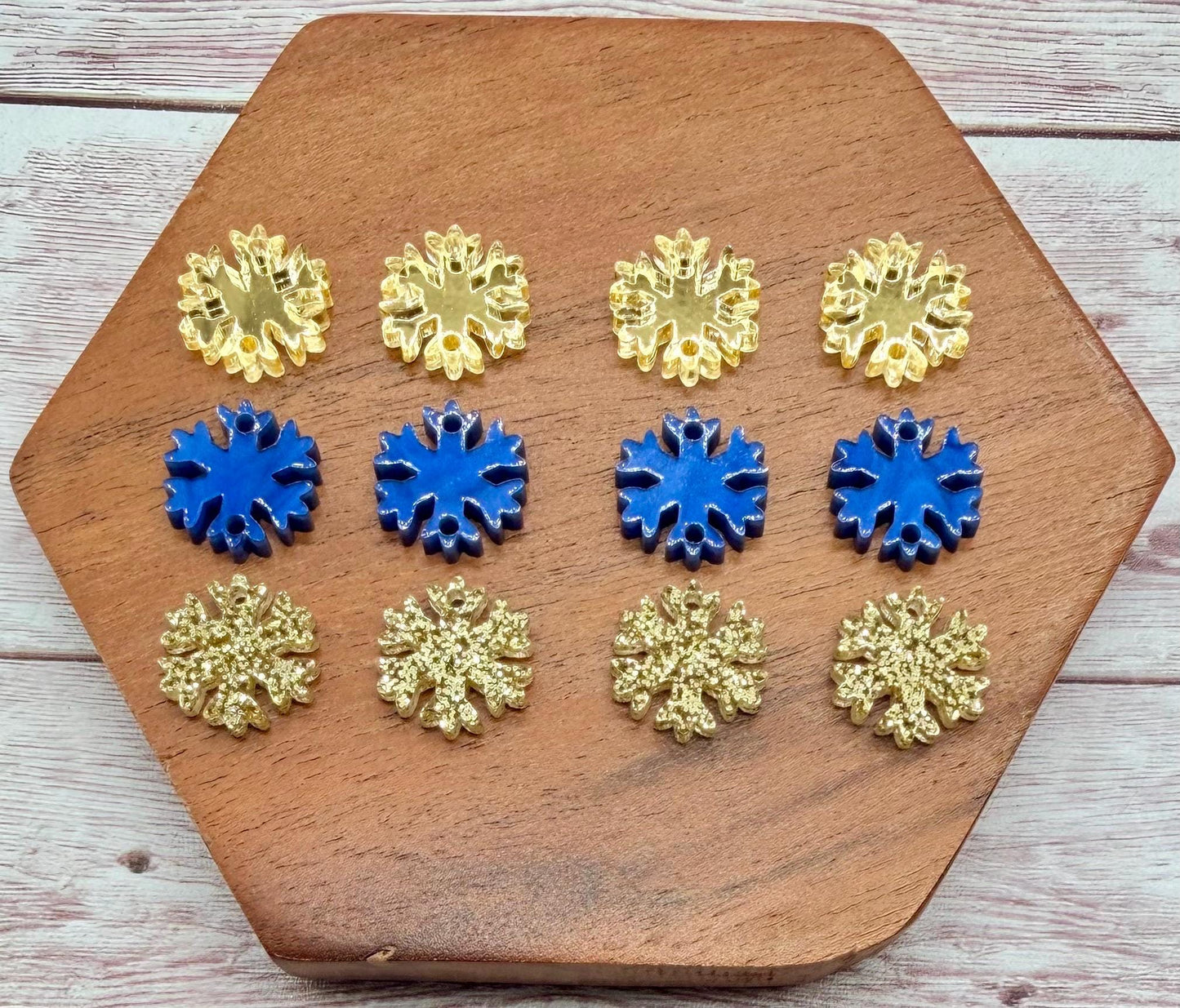 Mirrored Gold, Blue Marble, and Gold Glitter Snowflake Trio Acrylic Earring Blanks, Winter, Christmas, DIY Jewelry Making