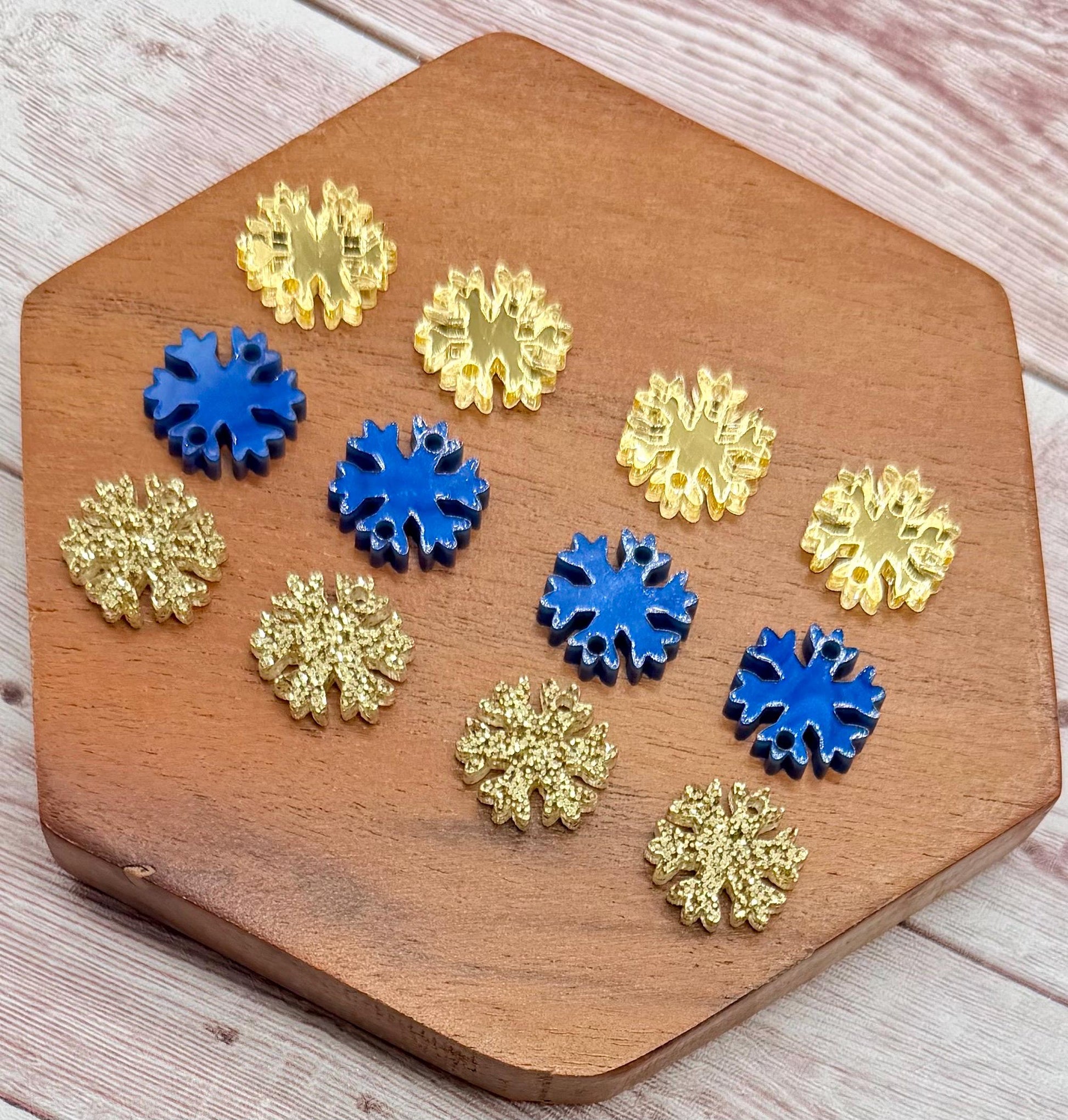 Mirrored Gold, Blue Marble, and Gold Glitter Snowflake Trio Acrylic Earring Blanks, Winter, Christmas, DIY Jewelry Making