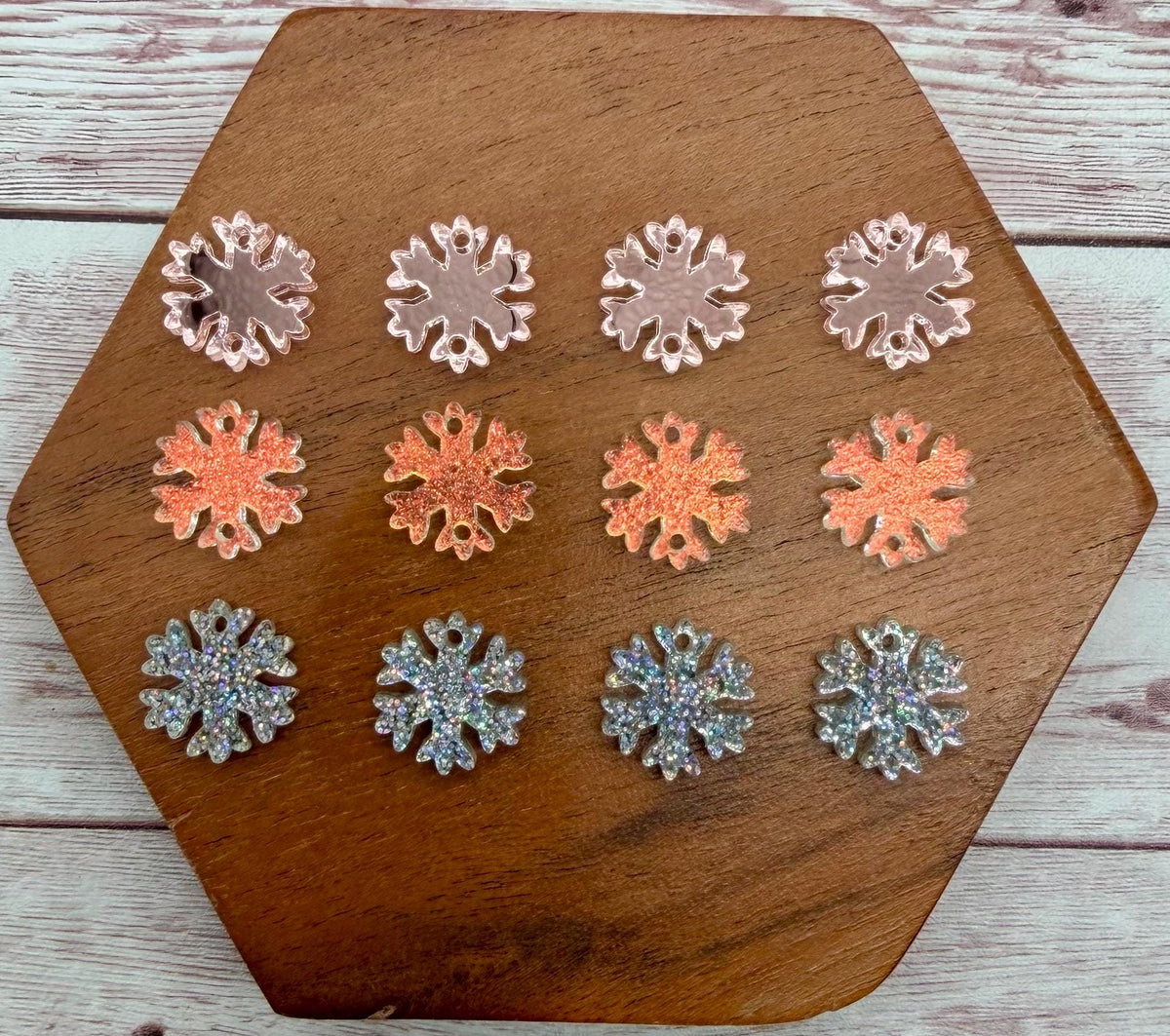 Mirrored Rose Gold, Matte Iridescent, and Glitter Snowflake Trio Acrylic Earring Blanks, Winter, Christmas, DIY Jewelry Making