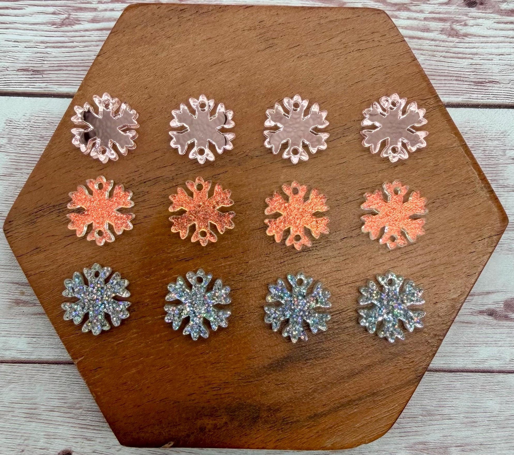 Mirrored Rose Gold, Matte Iridescent, and Glitter Snowflake Trio Acrylic Earring Blanks, Winter, Christmas, DIY Jewelry Making