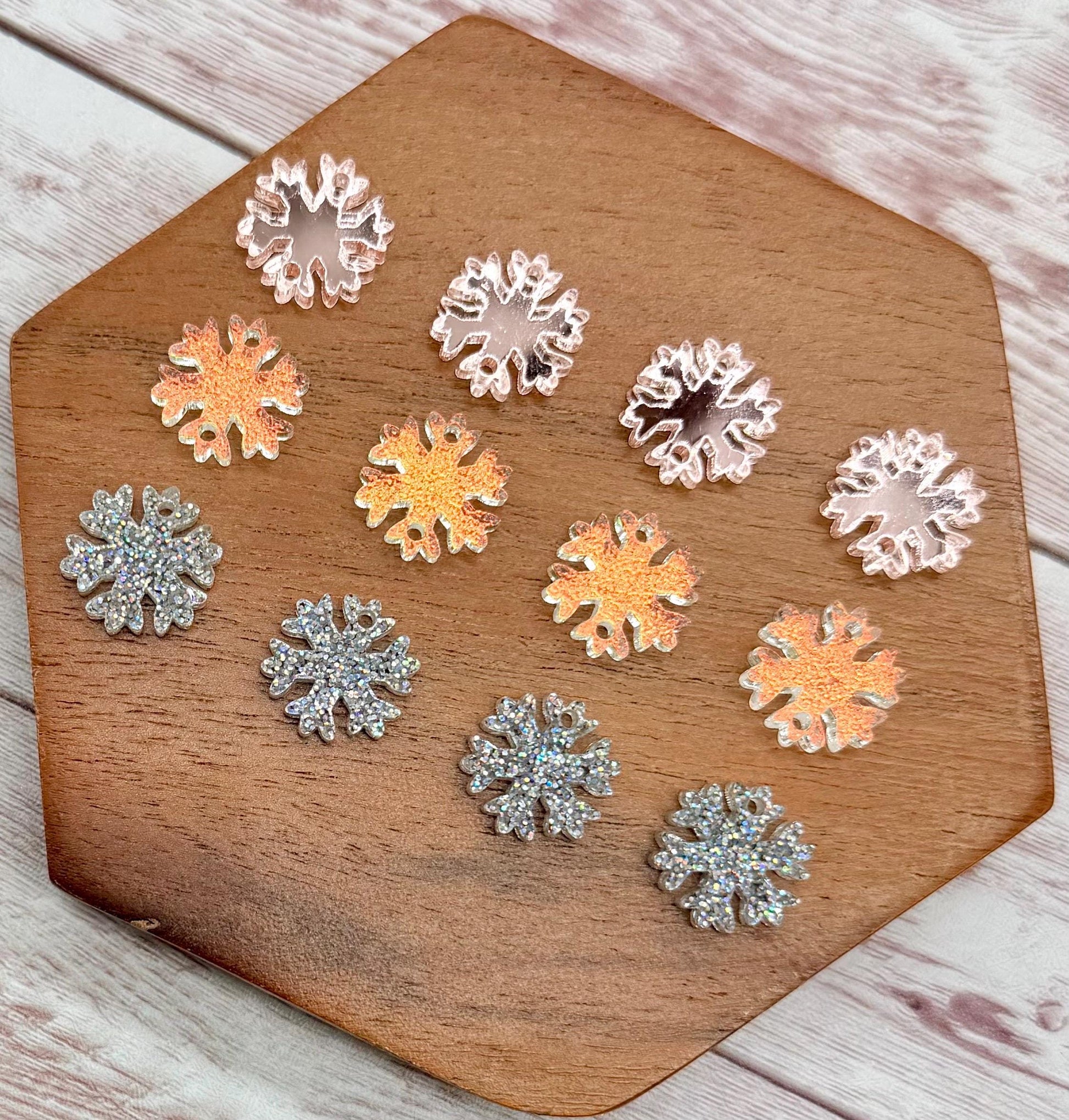 Mirrored Rose Gold, Matte Iridescent, and Glitter Snowflake Trio Acrylic Earring Blanks, Winter, Christmas, DIY Jewelry Making