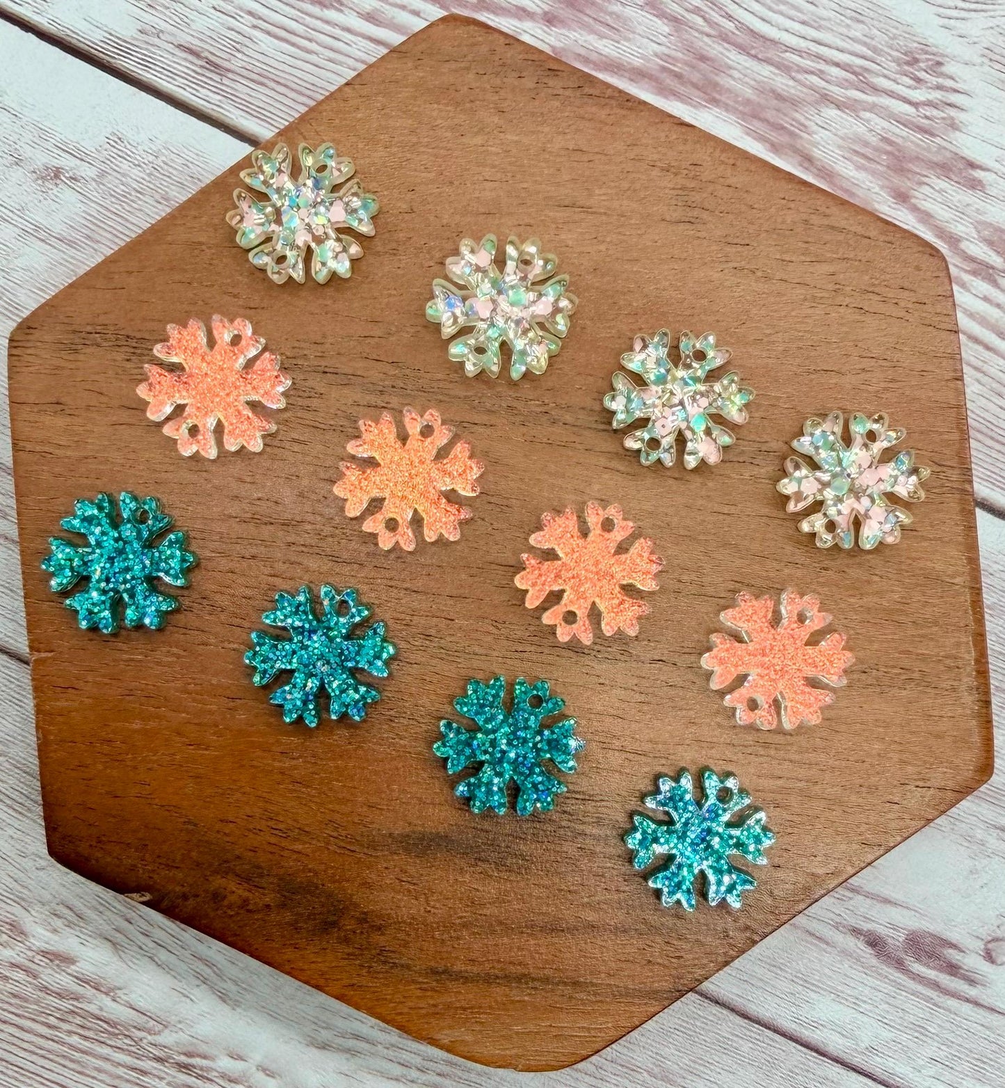 Multicolor Glitter, Matte Iridescent, and Teal Glitter Snowflake Trio Acrylic Earring Blanks, Winter, Christmas, DIY Jewelry Making