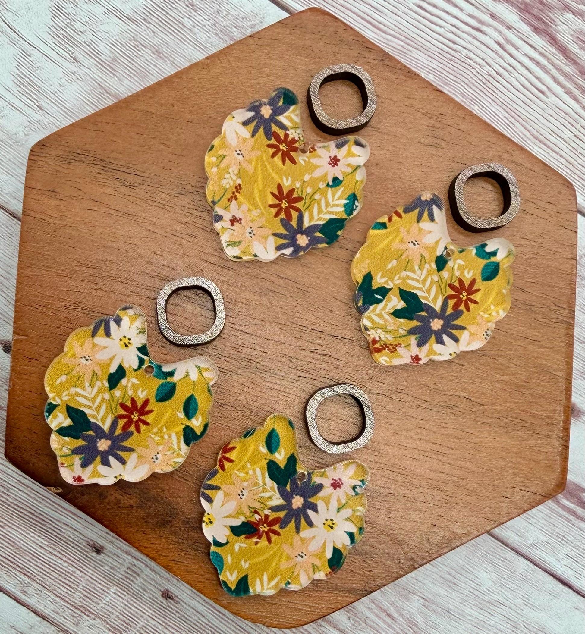 Floral Mustard Print Scalloped Acrylic and Wood Connector Set Earring Blanks, DIY Jewelry Making
