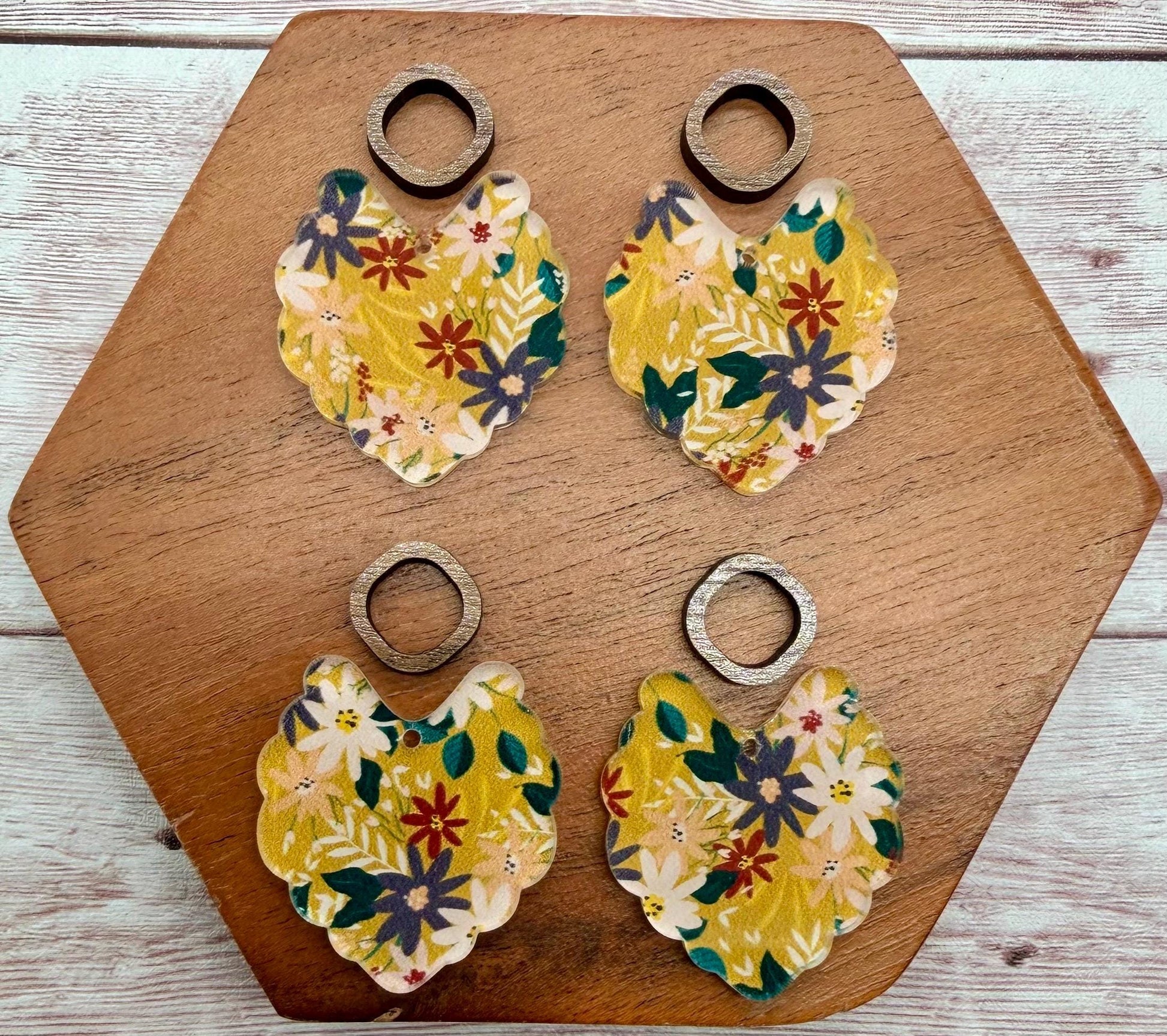 Floral Mustard Print Scalloped Acrylic and Wood Connector Set Earring Blanks, DIY Jewelry Making