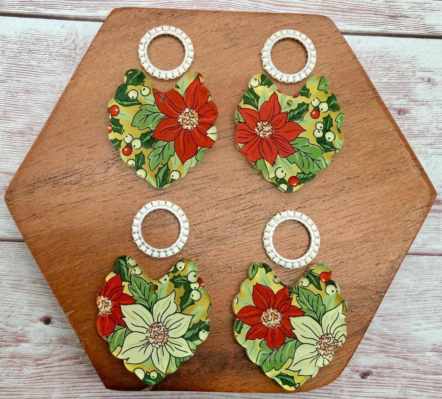 Vintage Poinsettia Winter Christmas Print Scalloped Acrylic and Japanese Seed Bead Connector Set Earring Blanks, DIY Jewelry Making