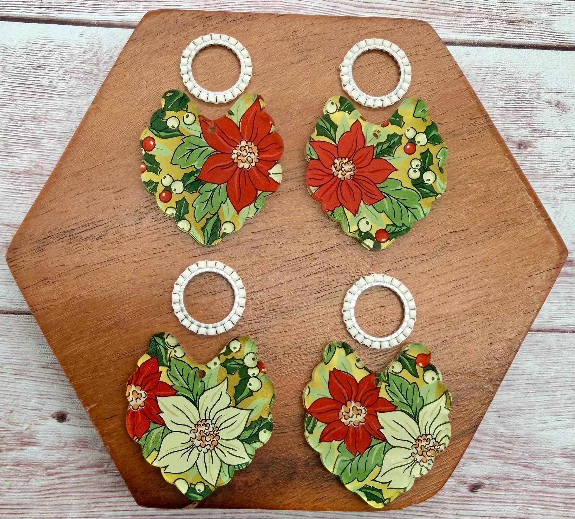 Vintage Poinsettia Winter Christmas Print Scalloped Acrylic and Japanese Seed Bead Connector Set Earring Blanks, DIY Jewelry Making