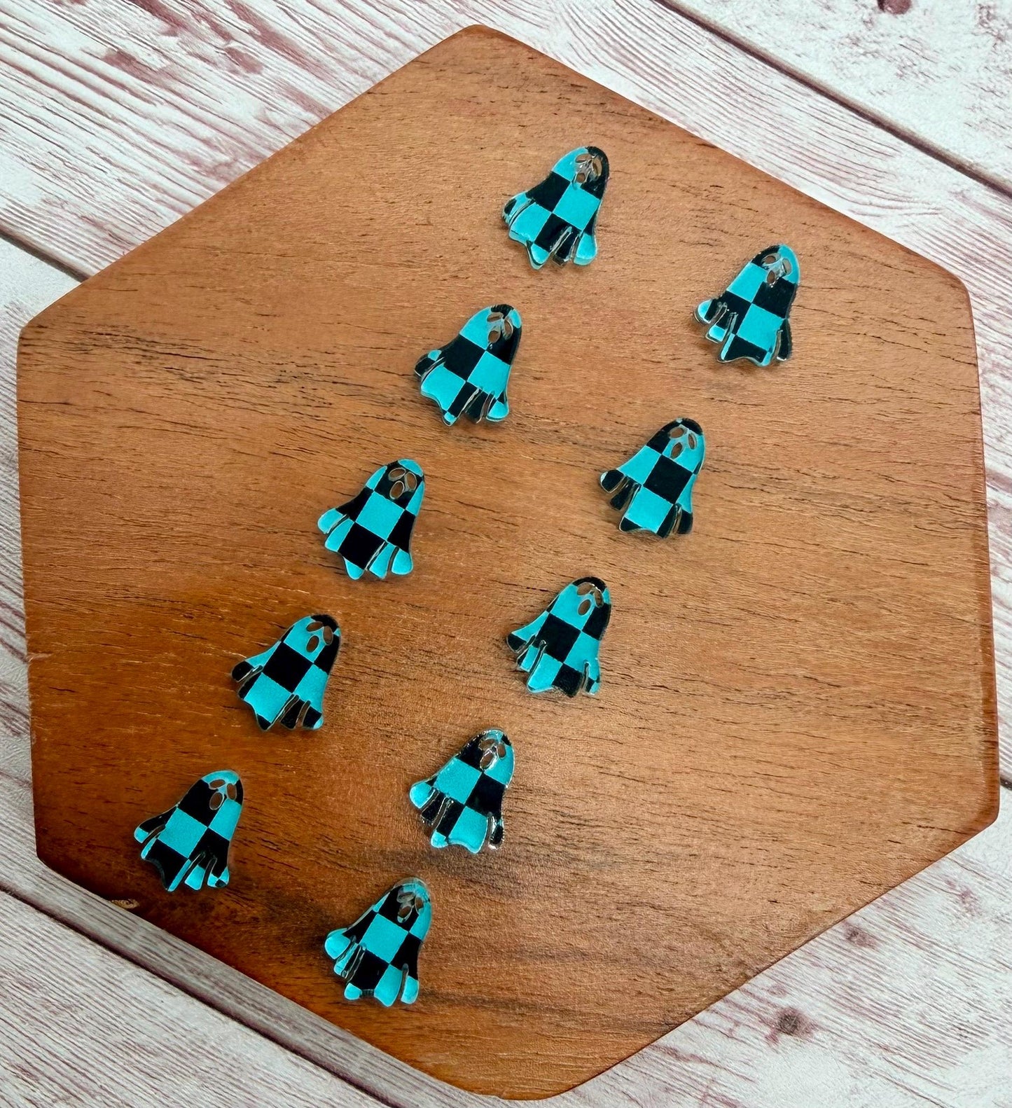 Teal and Black Checkered Ghost Acrylic Stud Earring Blanks Set of 5 Pair DIY Jewelry Making