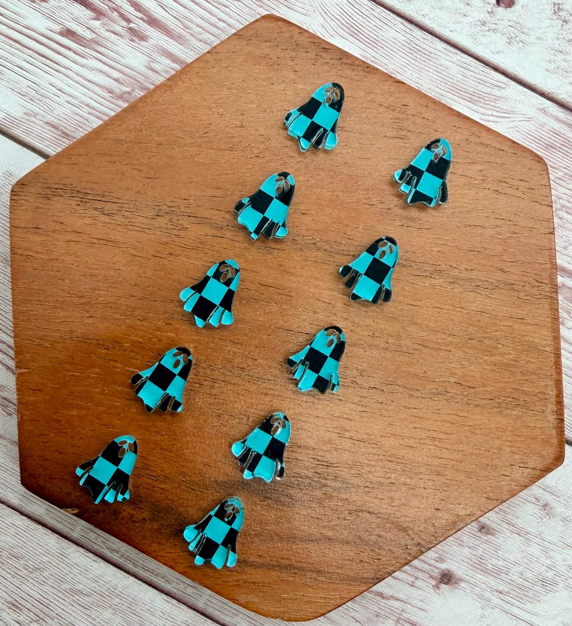 Teal and Black Checkered Ghost Acrylic Stud Earring Blanks Set of 5 Pair DIY Jewelry Making