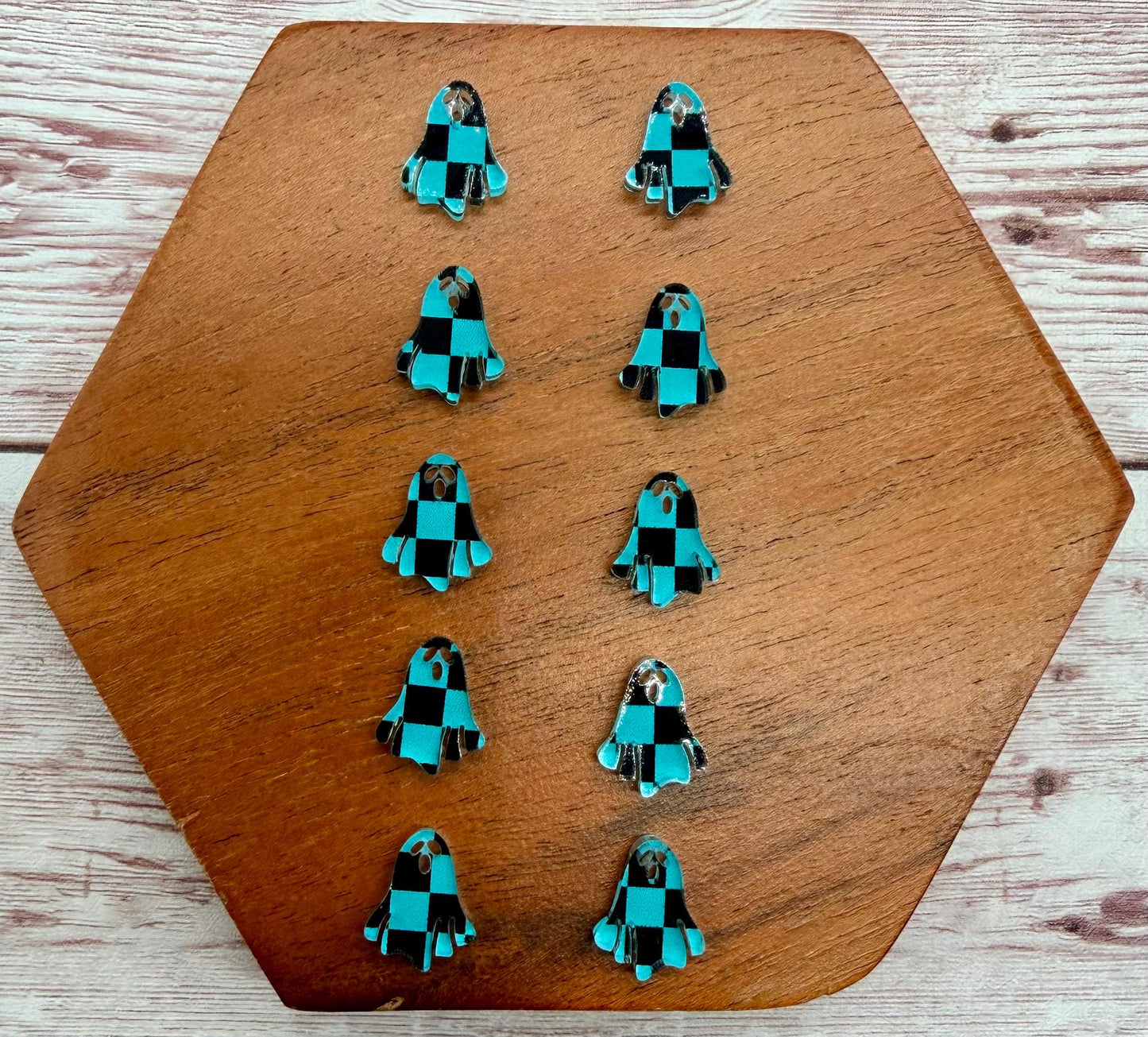 Teal and Black Checkered Ghost Acrylic Stud Earring Blanks Set of 5 Pair DIY Jewelry Making