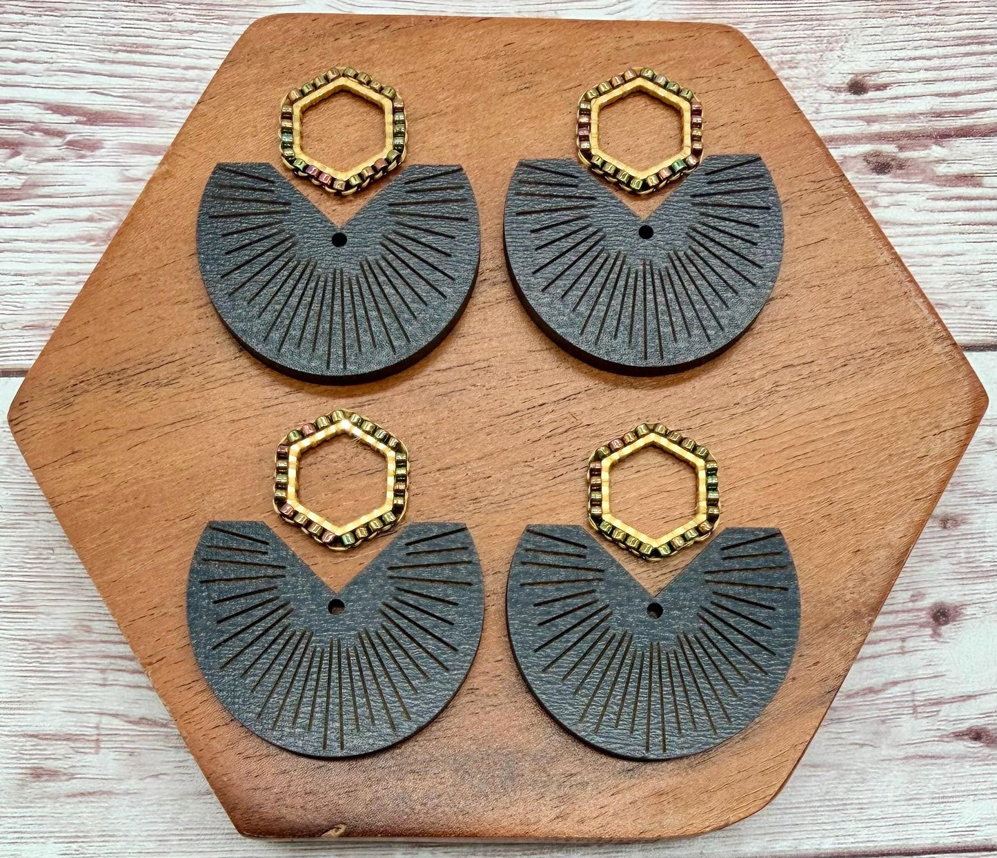 Engraved Black Line Wood and Japanese Seed Bead Open Hexagon Connector Set Earring Blanks, DIY Jewelry Making