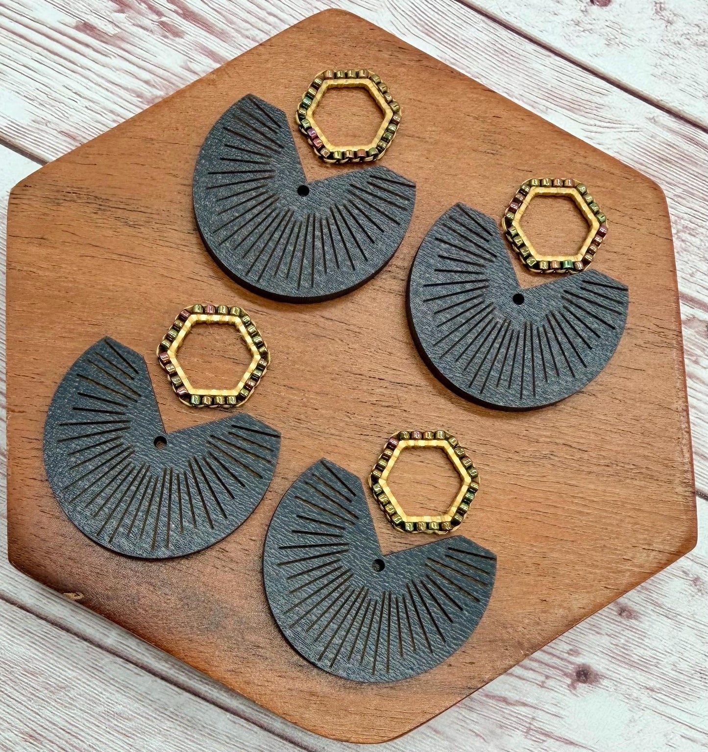 Engraved Black Line Wood and Japanese Seed Bead Open Hexagon Connector Set Earring Blanks, DIY Jewelry Making