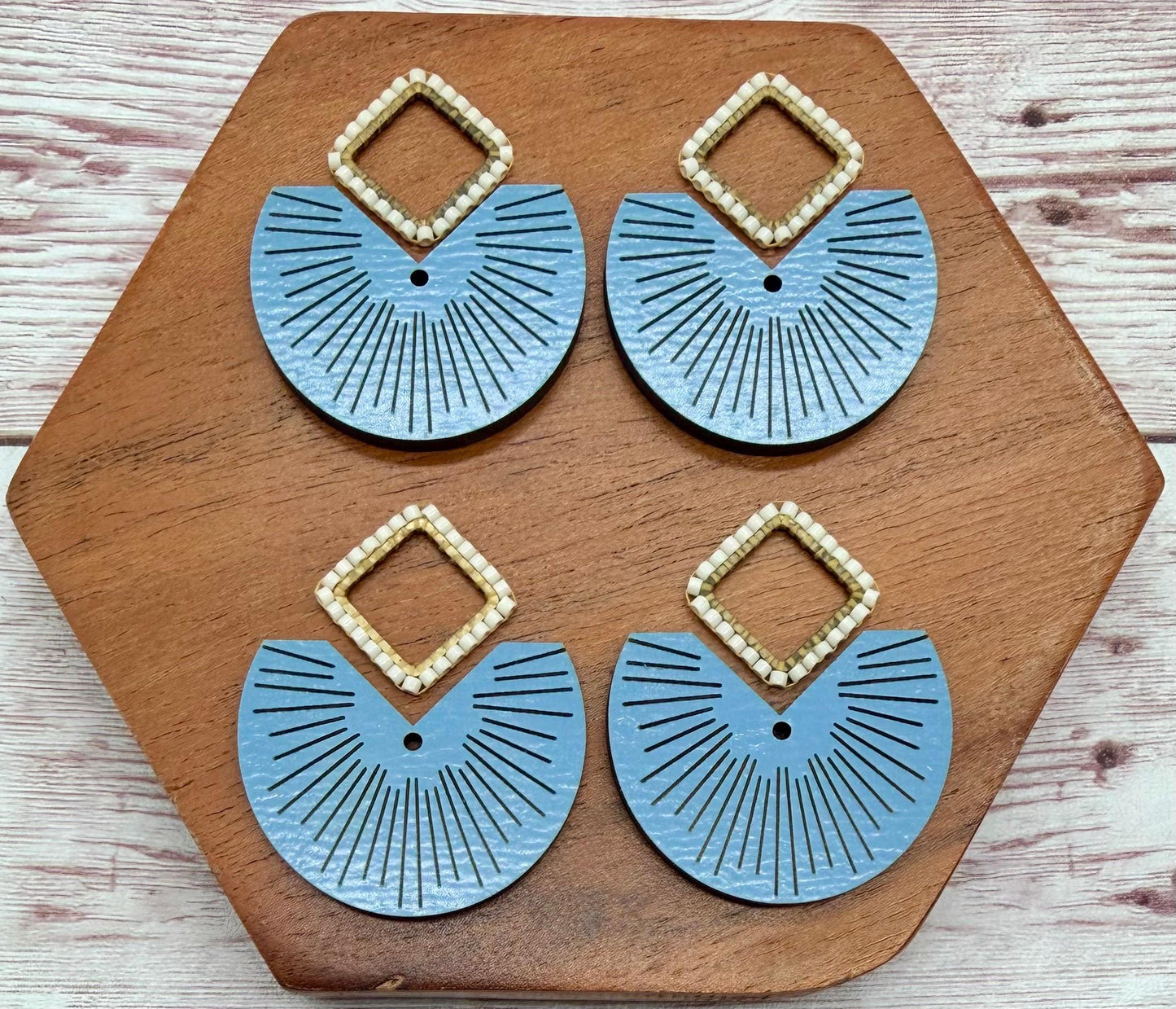 Engraved Blue Line Wood and Japanese Seed Bead Open Diamond Connector Set Earring Blanks, DIY Jewelry Making