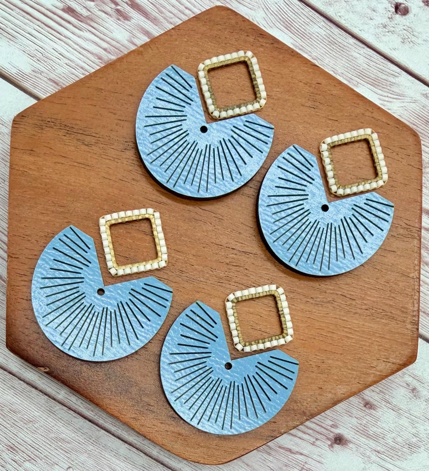 Engraved Blue Line Wood and Japanese Seed Bead Open Diamond Connector Set Earring Blanks, DIY Jewelry Making