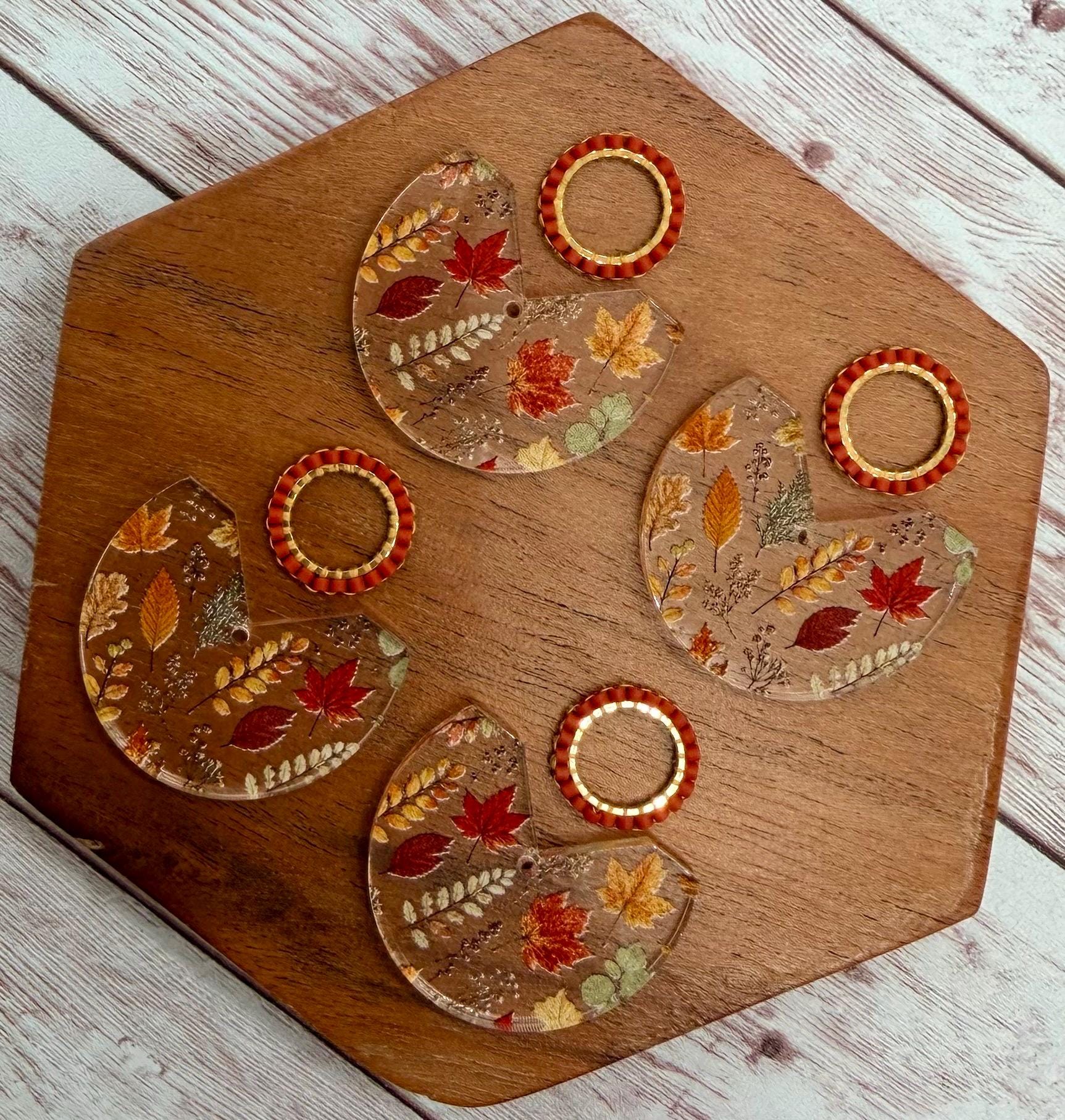 Fall Leaf Print Acrylic and Japanese Seed Bead Open Circle Connector Set Earring Blanks, DIY Jewelry Making