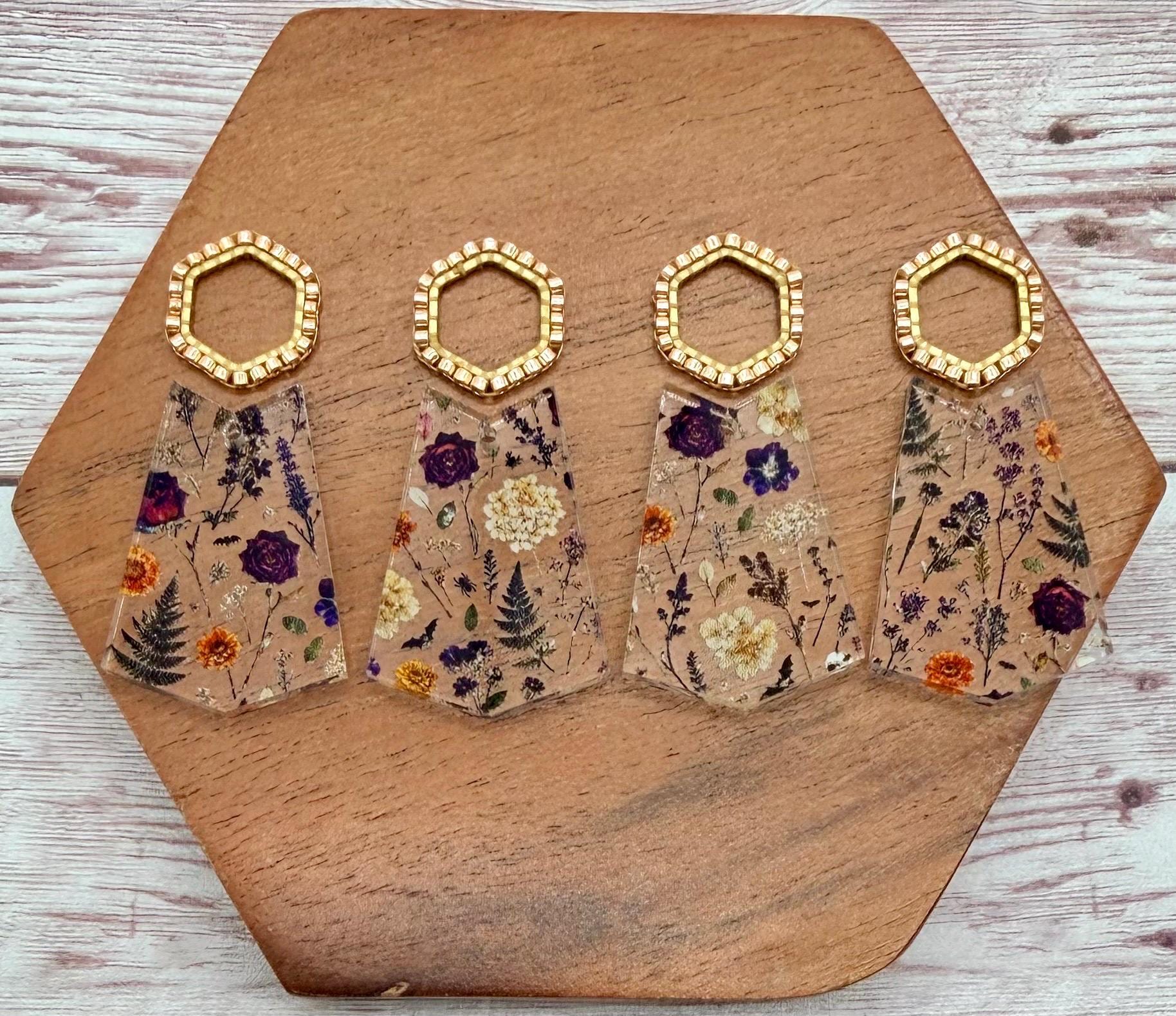 Fall Foliage Print Acrylic and Japanese Seed Bead Open Hexagon Connector Set Earring Blanks, DIY Jewelry Making