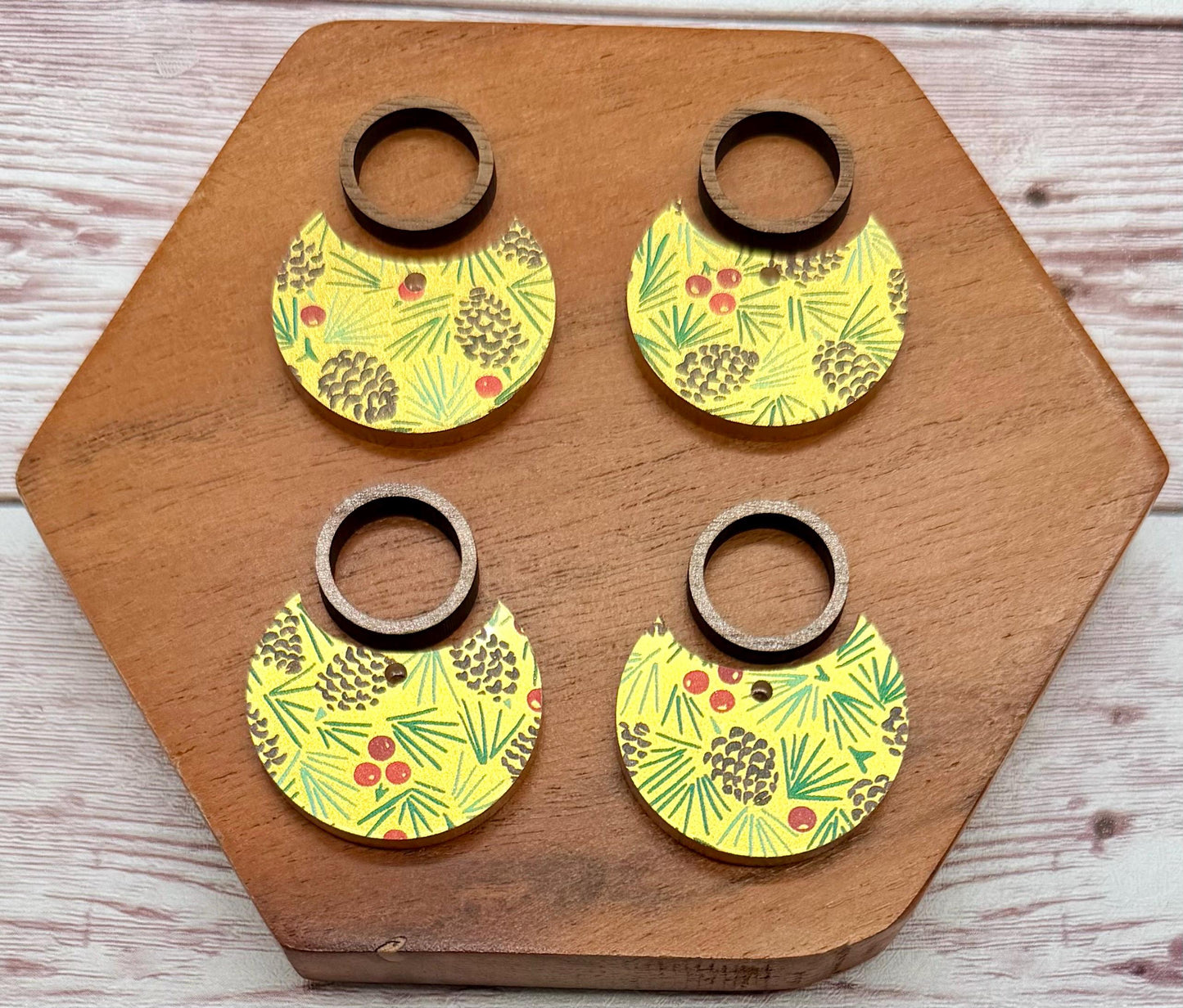 Patterned Pinecone and Berries Print on Gold Shimmer Acrylic and Wood Circle Set Earring Blanks, DIY Jewelry Making