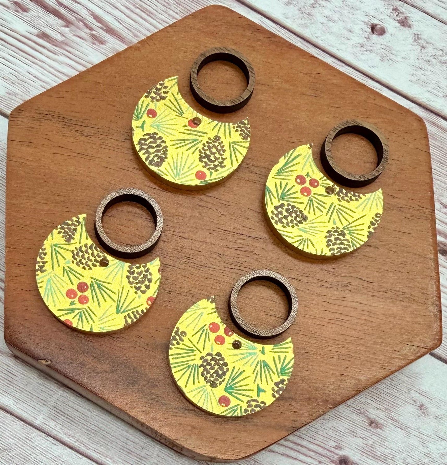 Patterned Pinecone and Berries Print on Gold Shimmer Acrylic and Wood Circle Set Earring Blanks, DIY Jewelry Making